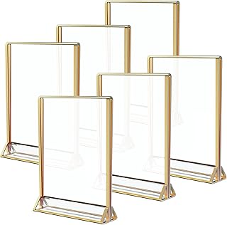 Acrylic Sign Holder 5x7, Wedding Table Numbers, Gold Picture Frame, Sign Holders, 12.7 cm x 17.78 cm, 6 Pack, 2 Sided Frames, Lucite, Menu Holder Display, Vertical Photo Stand for Centerpieces, Card, Flyer, Art