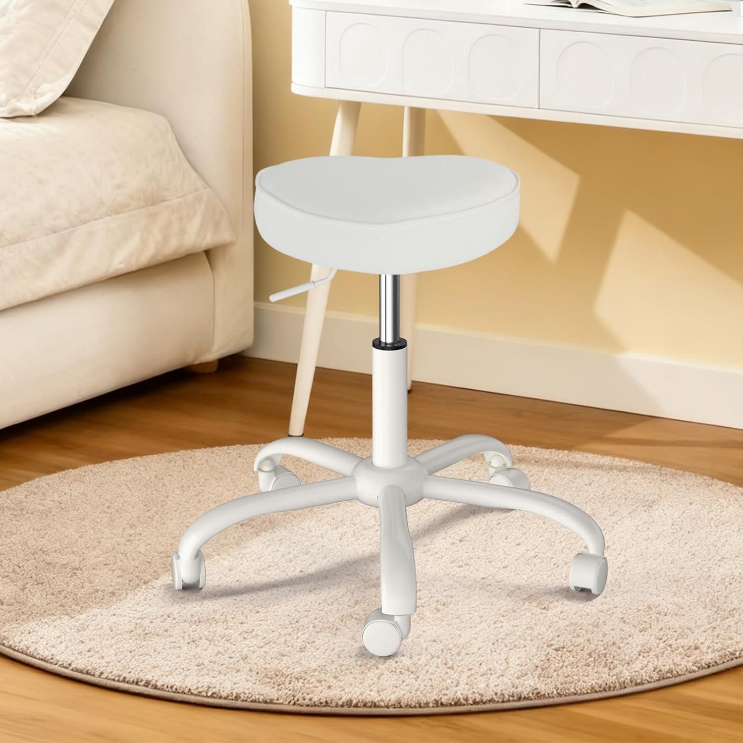 OmySalon Vanity Stool with Wheels, Adjustable Rolling Swivel Stools, Roll Around Small Chair for Makeup Hair Stylist Tattoo Nail, PU Leather for Beauty SPA, Barbershop, Bar, Office, White