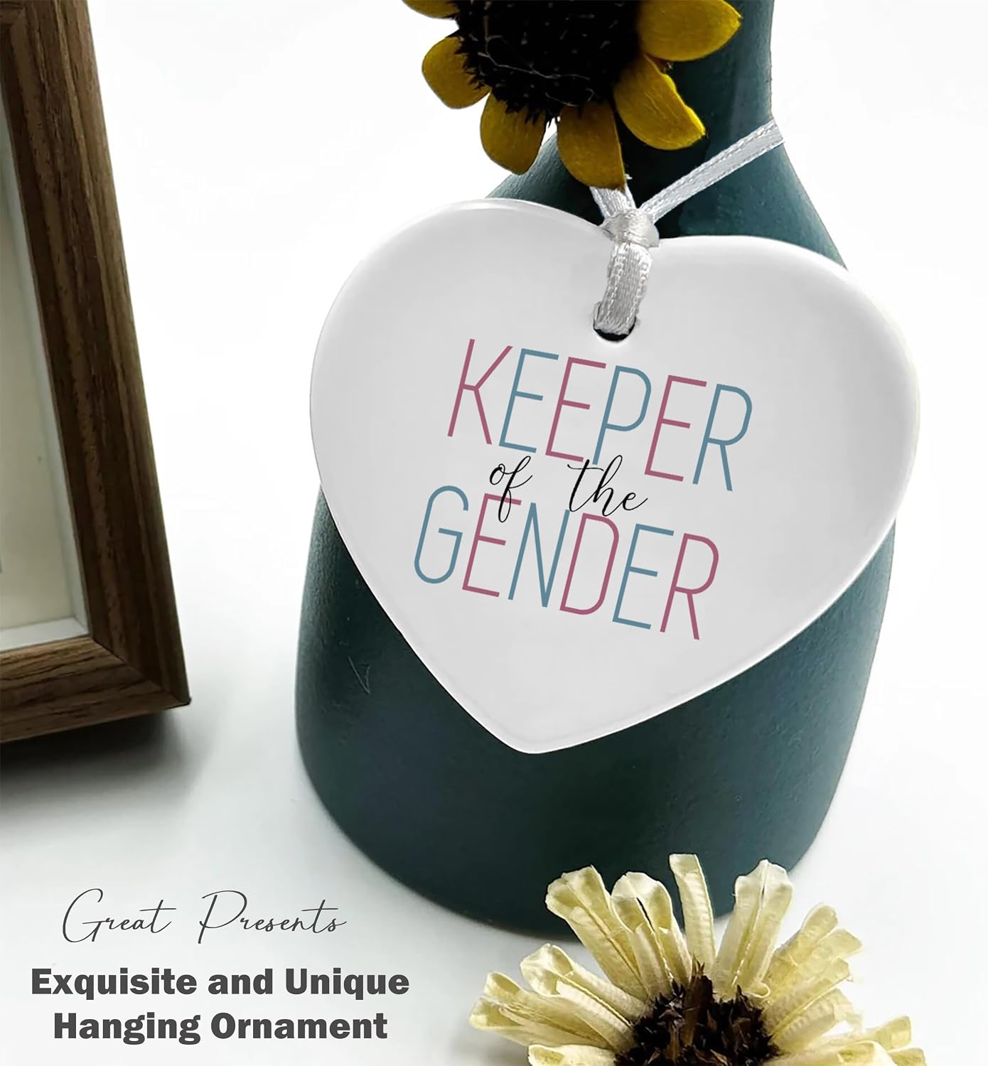 Heart Shaped White Ceramic Ornament-Gender Reveal Celebration Party Gift-Baby Shower Decoration for New Mom First Time Parents Women-Funny Keeper of The Gender Pregnancy Announcement Keepsake image 4