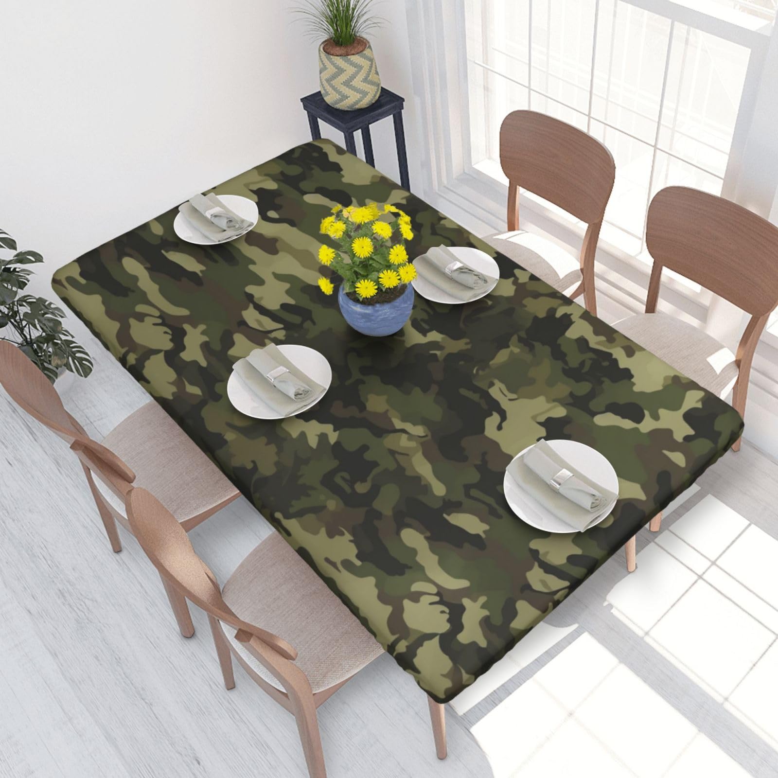 DCARSETCV Geen Camouflage Printed 4FT Waterproof Tablecloth with Elastic Edged Protect & Decor Your Table, Oil-proof Washable Table Cloth Cover for Dinner Picnic Party