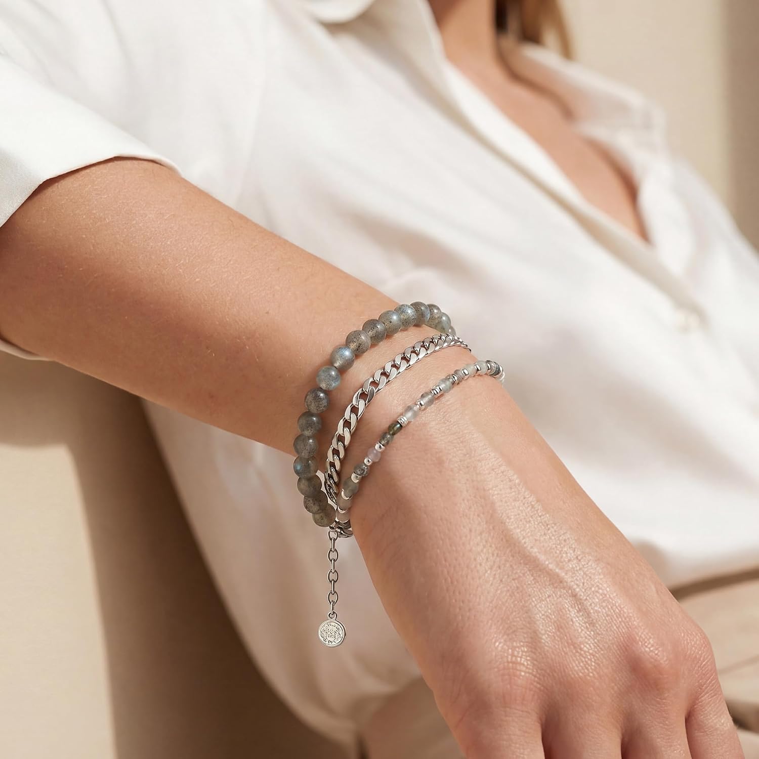 Fettero Beaded Bracelets for Women Charm Natural Stone Handmade Beads White Gold Plated Dainty Gold Bracelets Non Tarnish Boho Summer Beach Vacation Jewelry
