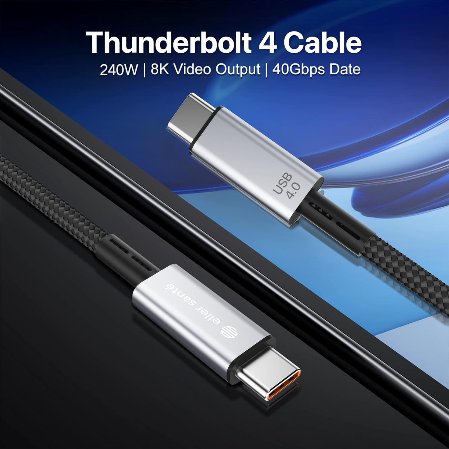 eller santé® 240W PD Thunderbolt 4/USB4 40Gbps Type C to Type C USB-IF Cert Cable Upto Fast Charging PD Braided USB C 8K60Hz High Speed Data Transfer for MacBook,iPhone Mobile,Laptop,eGPU 1.5 Mtr