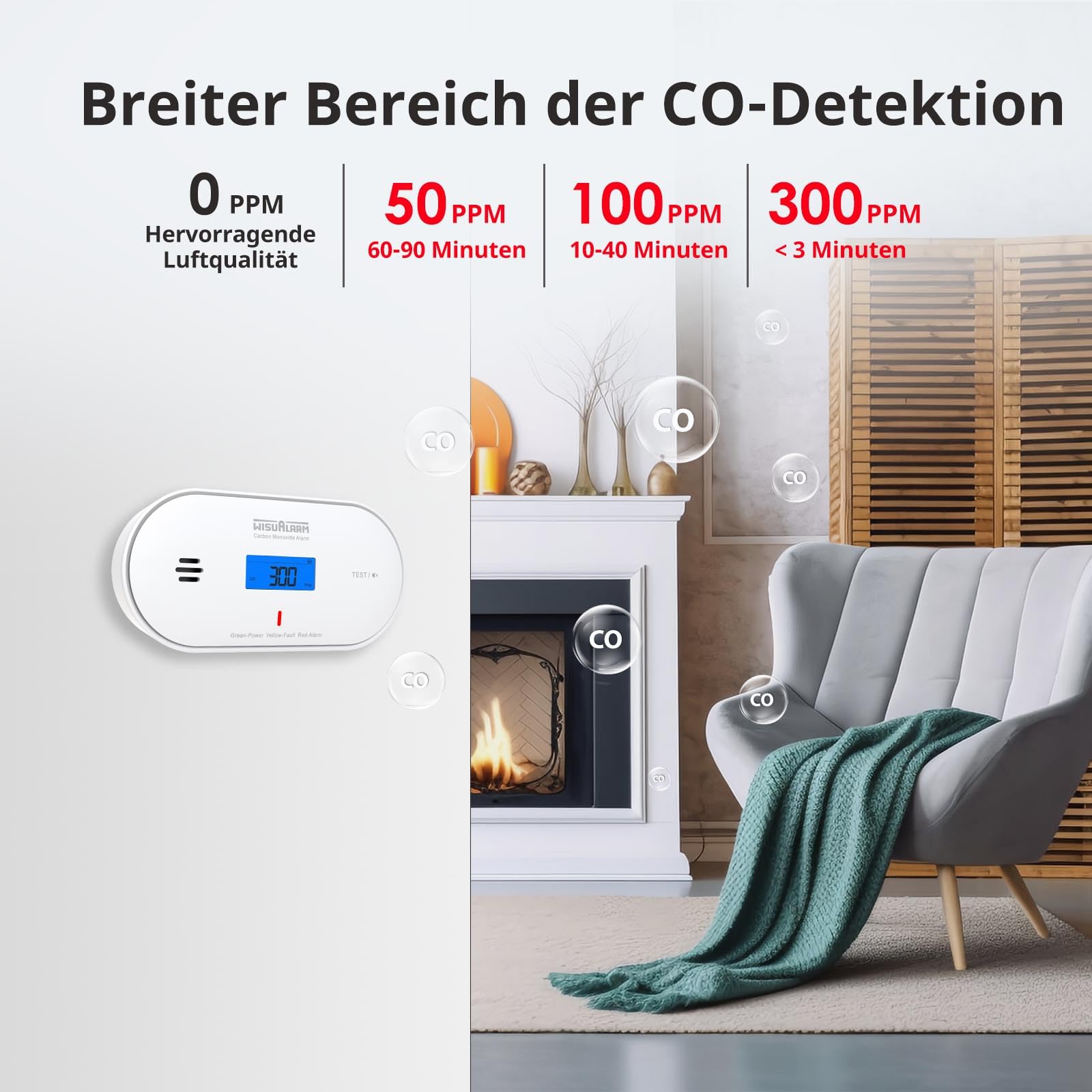 Wisualarm WLAN-Kohlenmonoxidmelder, 3-in-1-Alarm mit Feuchtigkeits- und Temperaturerkennung, LCD-Display, App-Benachrichtigung, CO-Alarm mit versiegelter Batterie, entspricht EN 50291