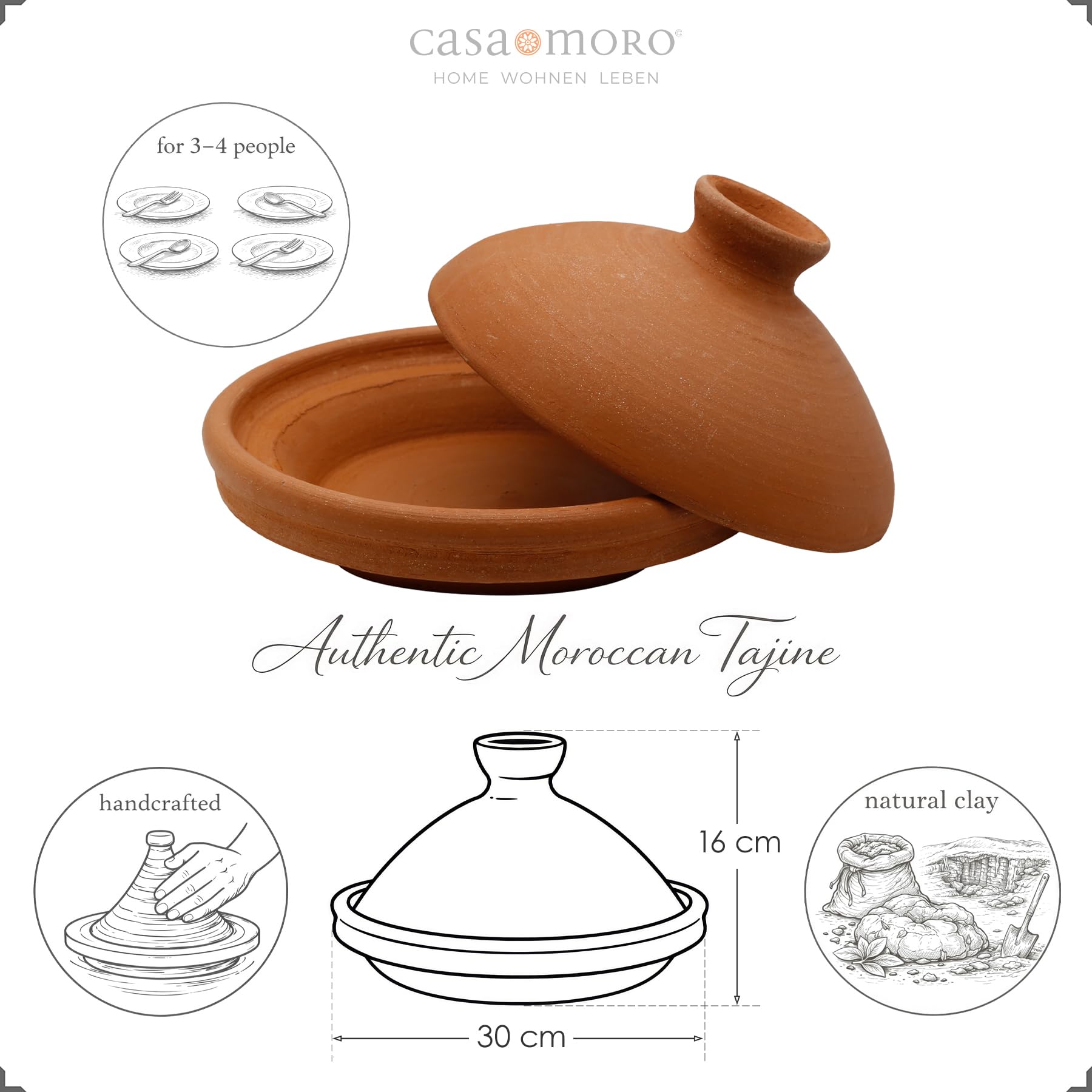 Marokkanische Tajine, Schmortopf aus Ton Ø 30cm Kochen für 3-4 Personen | Tagine unglasierter Gartopf Tontopf
