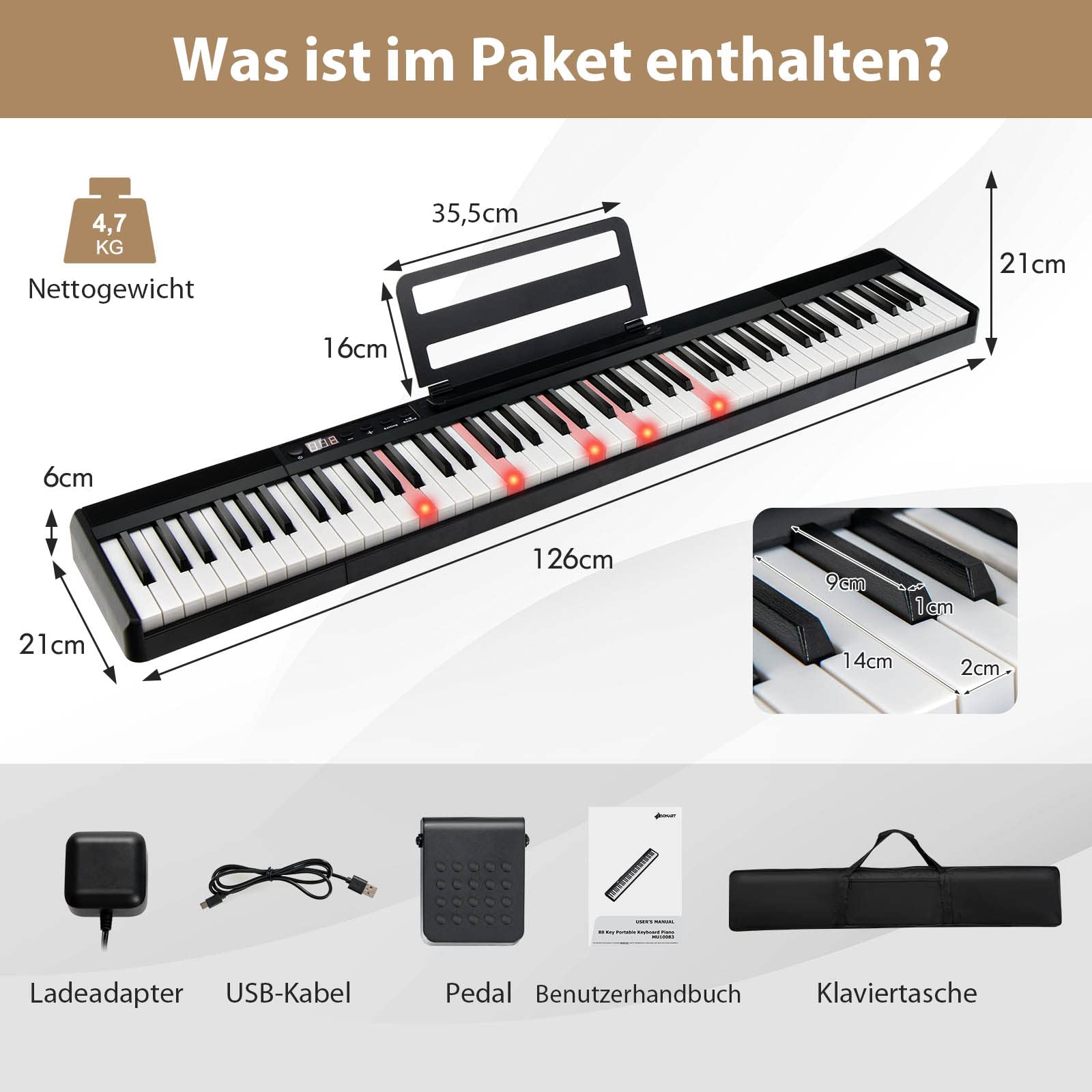 COSTWAY 88 klawiatur na pianinie elektrycznym, cyfrowa klawiatura przenośna (128 rytmów, 128 dźwięków i 20 demo), zestaw instrumentów muzycznych dla dzieci i dorosłych
