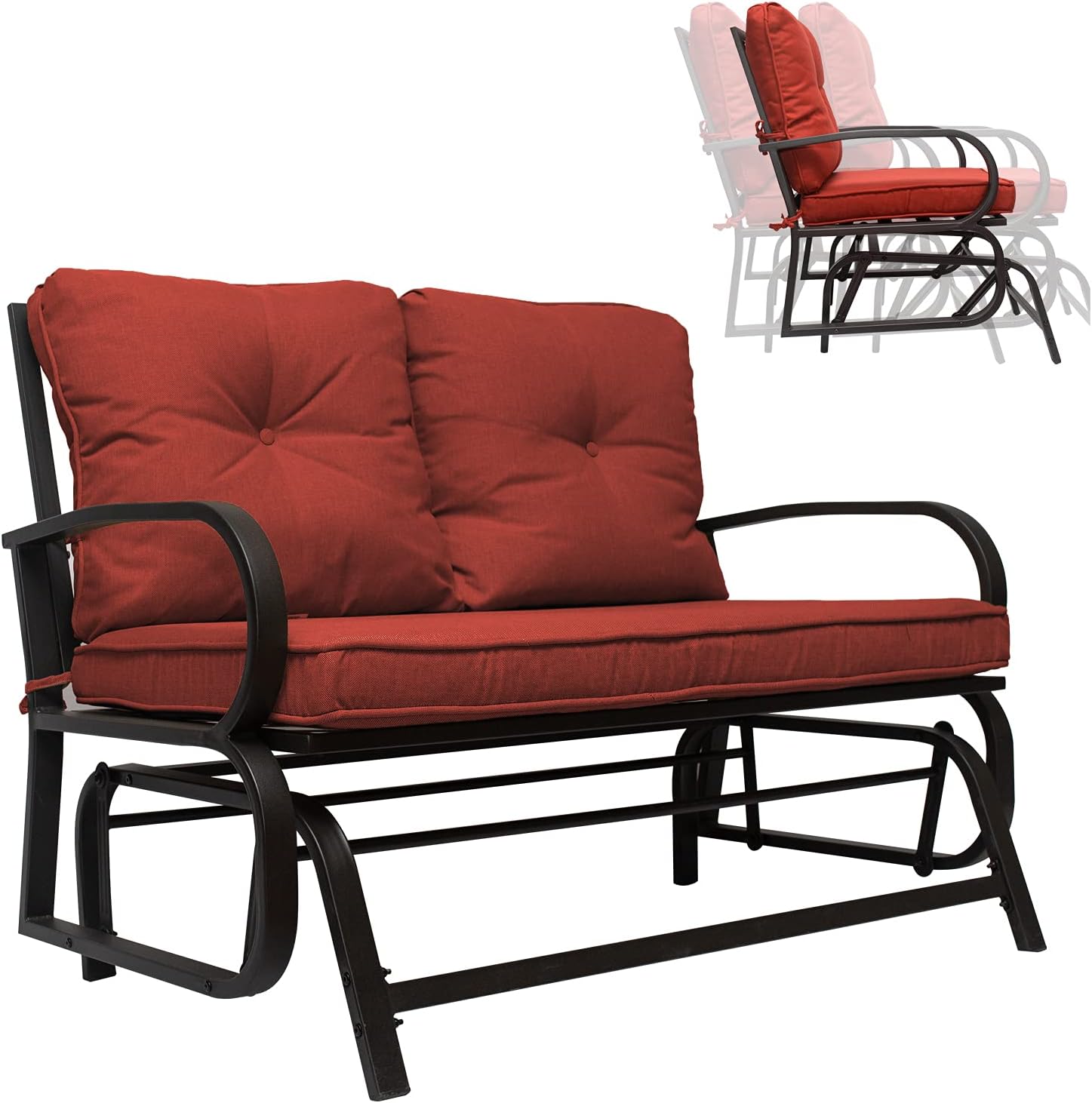 X&T Outdoor Porch Glider, Patio Glider Chair with 3.5 Inch Thick Cushion, 2 Seats Glider Benches for Outside, Garden Steel Frame Swing Rocker Seating, Khaki, (1)