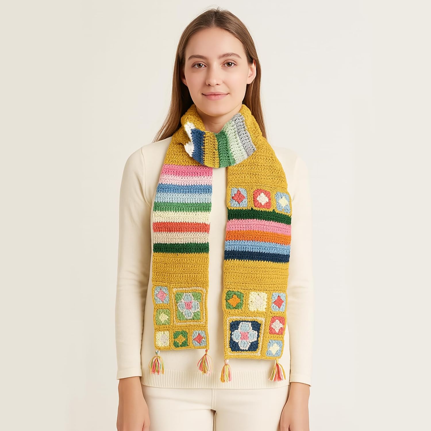 Noocro Granny Square Scarf Crochet Kit – Complete Yarn Kit with Crochet Hook, Markers, and Other Accessories, Detailed Instruction & Video Tutorial – for Intermediate or Ambitious Beginners