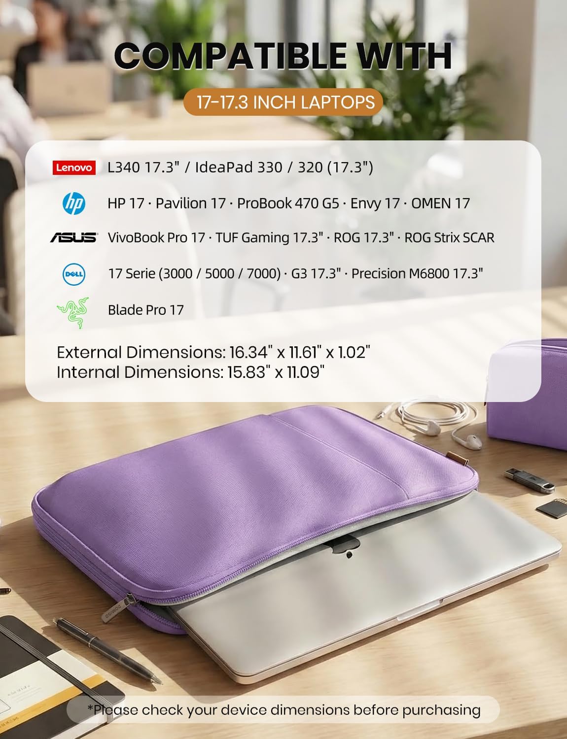 DOMISO 17.3 inch Laptop Sleeve Case Water Resistant Shockproof Protective Computer Bag for 17.3" Notebook/HP Pavilion Envy 17/IdeaPadm/MSI/LG Gra with Accesory Bag,Purple