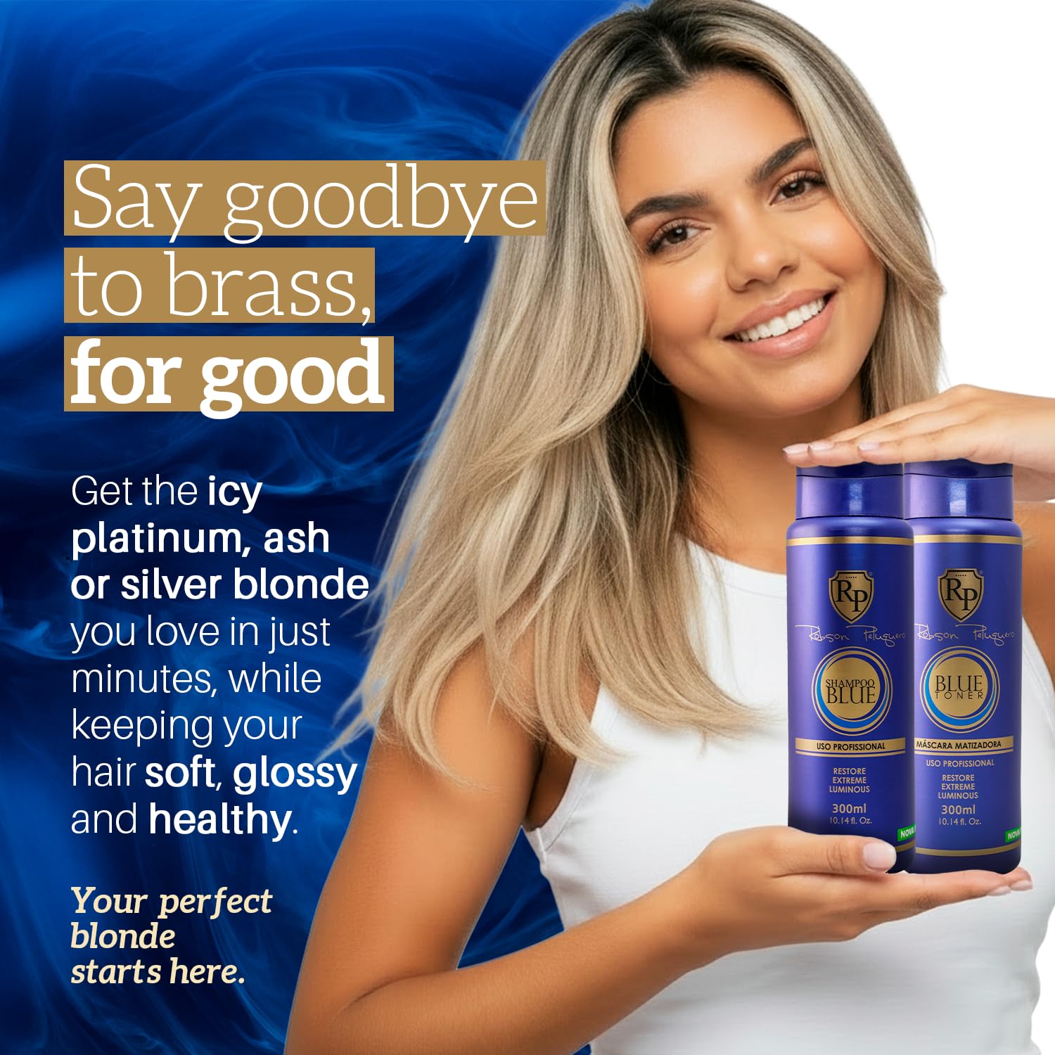 Robson Peluquero Blue Toning Kit | Hair Toner Gloss + Shampoo | Icy Platinum, Ash & Silver Blonde for Brassy Hair, Bleached, Highlights, Neutralizes Orange & Yellow Tones - 2x10.1 Fl Oz