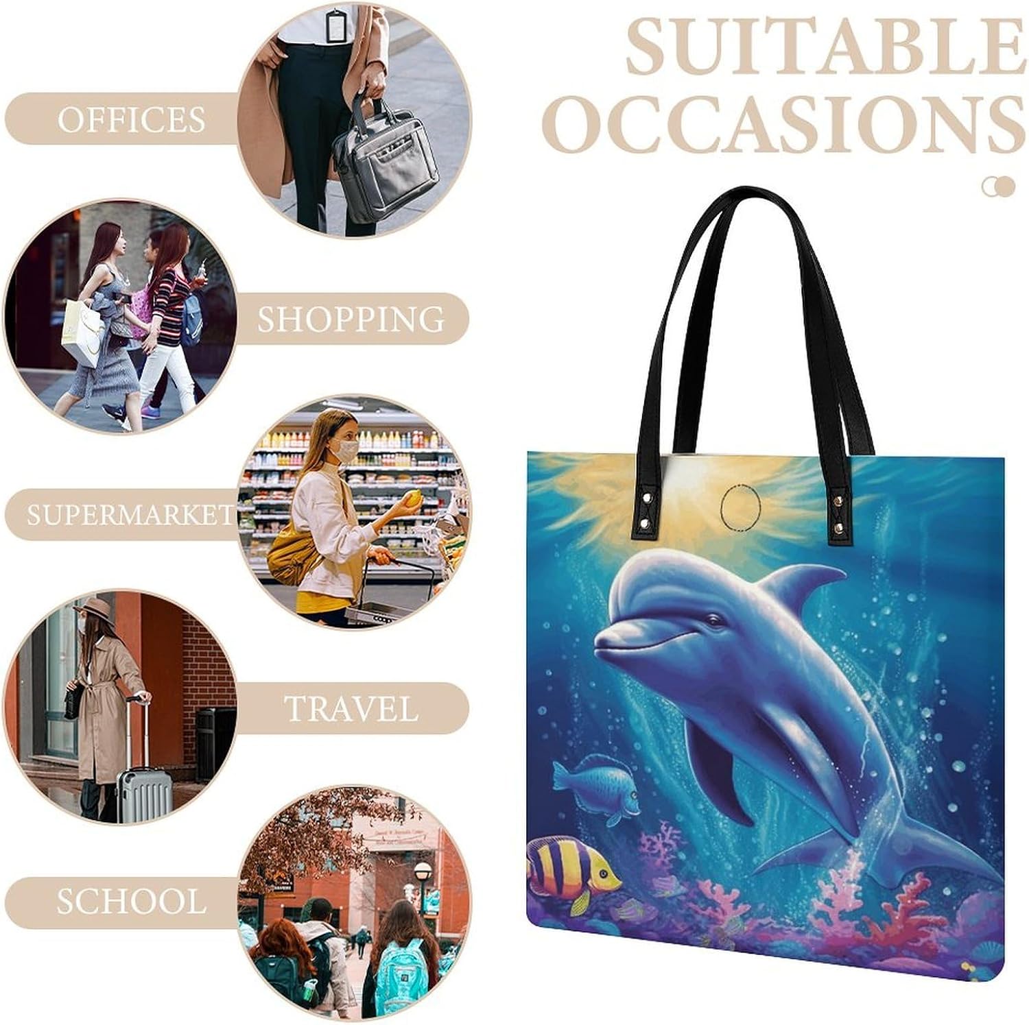 Cute Dolphin Handbags Large Capacity, Tote Bag Stylish Slouchy, Shoulder Bags for Work Beach Travel And Shopping Grocery.