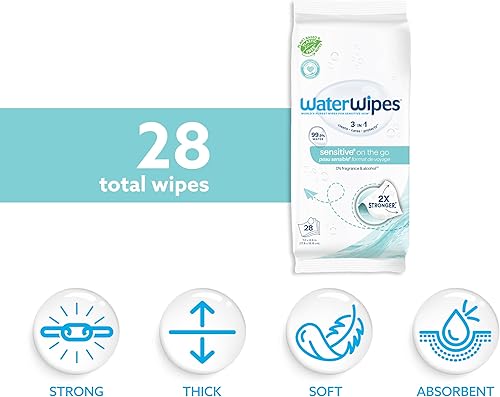 Miniatura 6 de WaterWipes Toallitas On The Go, toallitas 99.9% a base de agua para viajes, deportes y para refrescar la piel, sin perfume e hipoalergénicas, 28