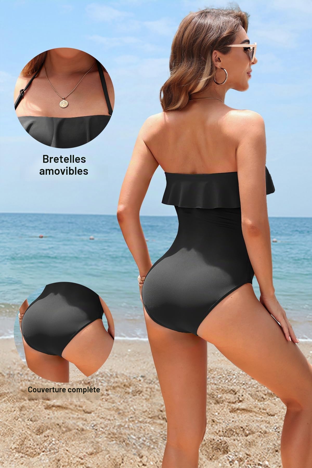 Holipick Maillot de bain une pièce sans bretelles pour femme - Gainant - Bandeau à volants - Maillot de bain amincissant