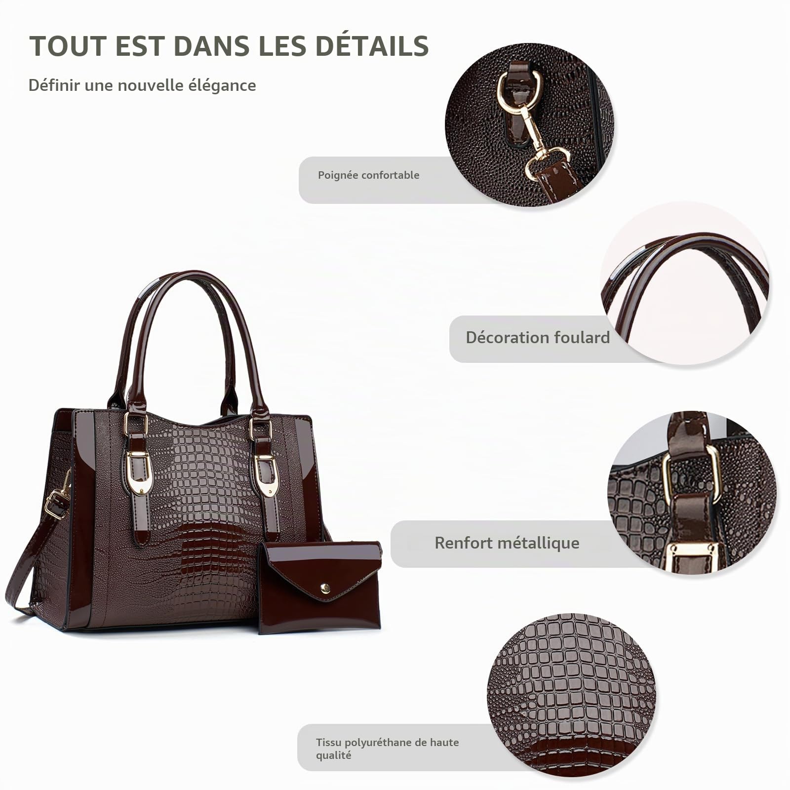 NICOLE & DORIS Sac à Main Femme Sac Fourre Tout Moyen Sac Bandoulière Cuir Verni Sac D'épaule Sac Ensemble avec Portefeuille pour Travail Shopping Voyage