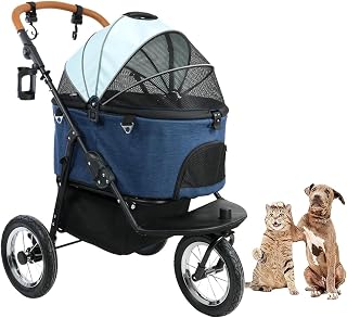 Cochecipara perros medianos y pequeños, 3 en 1 mascota, 3 ruedas con carro para perros desmontable, cesta de almacenamiento y marco plegable con un botón, azul