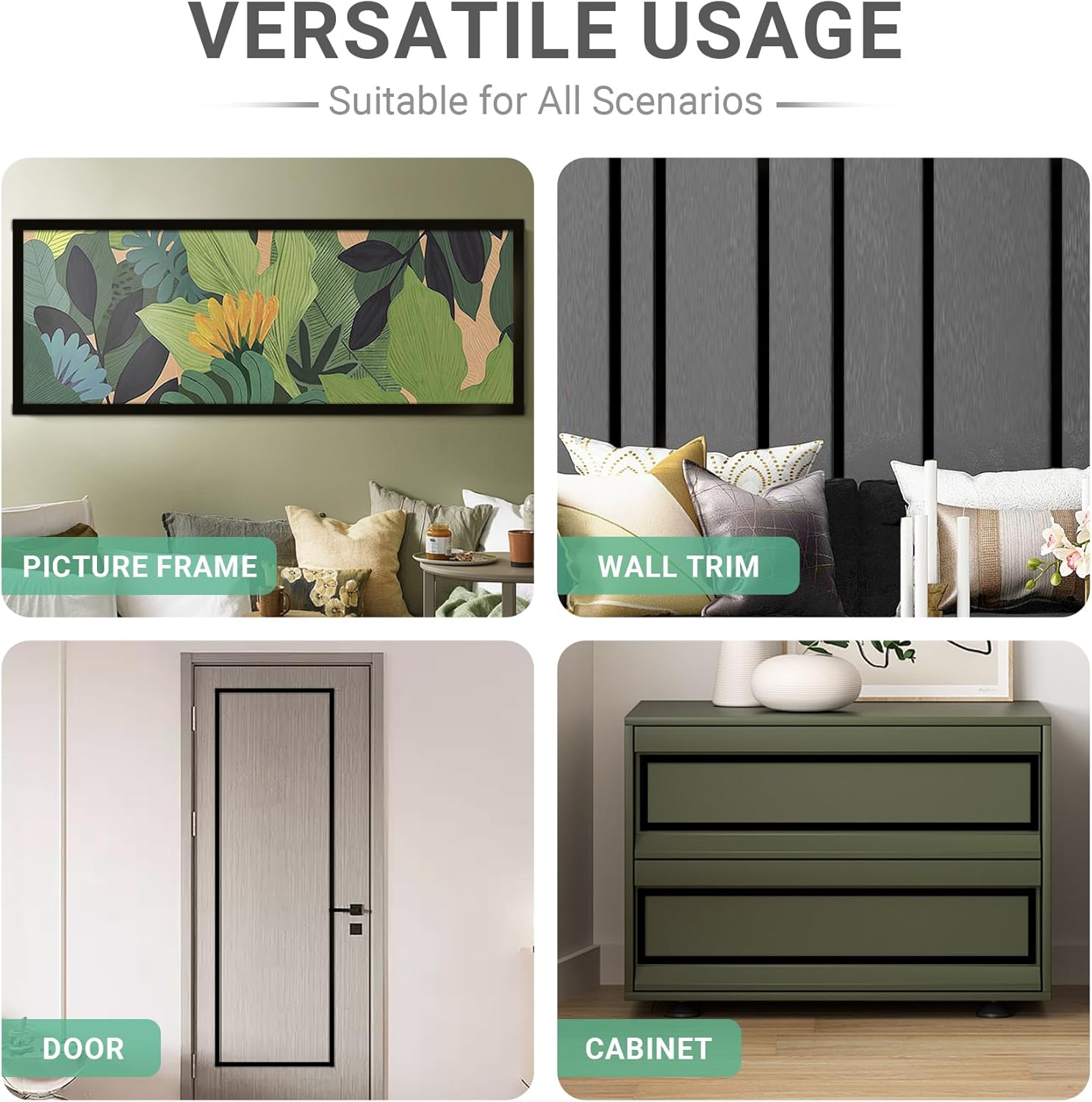 Gaahing 196.8" x 1" Matte Black Molding & Wall Trim, Flexible Peel and Stick Decorative Strip for Tile, Mirror, Ceiling, Floor, Panel, Cabinet - Image 7