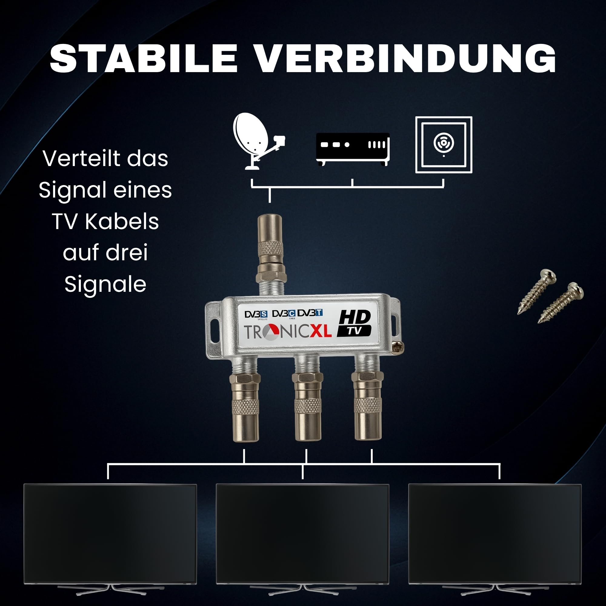 TronicXL Distribuidor de antena de 3 enchufes BK Premium Cable distribuidor de antena de televisión por cable DVBC Sat Splitter Unicable Sky Cable Aerial TV Freesat Freeview Virgin Dbox 3 enchufes hd