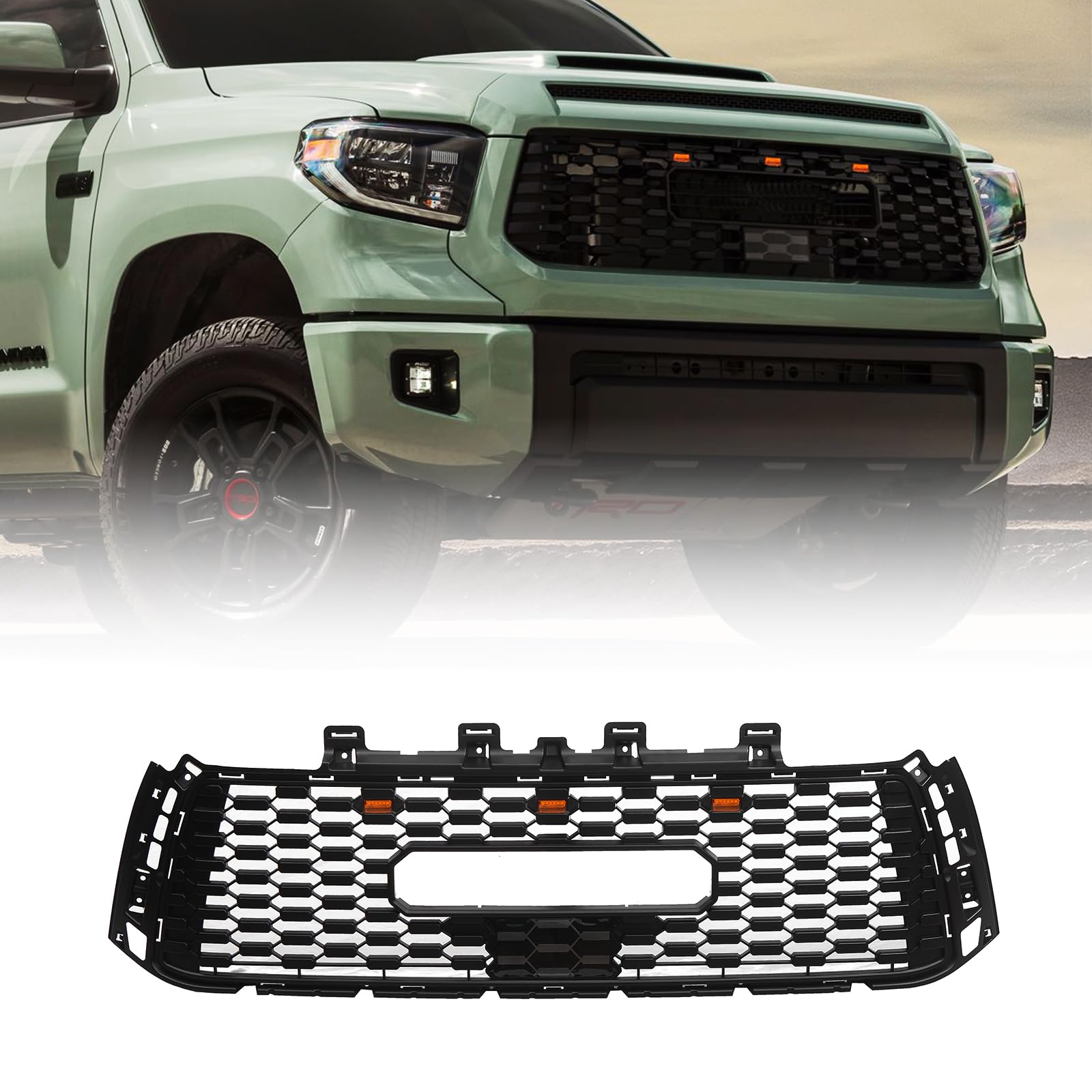 Front Grille Compatible with 2010-2013 Tundra, Replacement Honeycomb Grill ABS Front Grille with Lights and Letters, Matte Black
