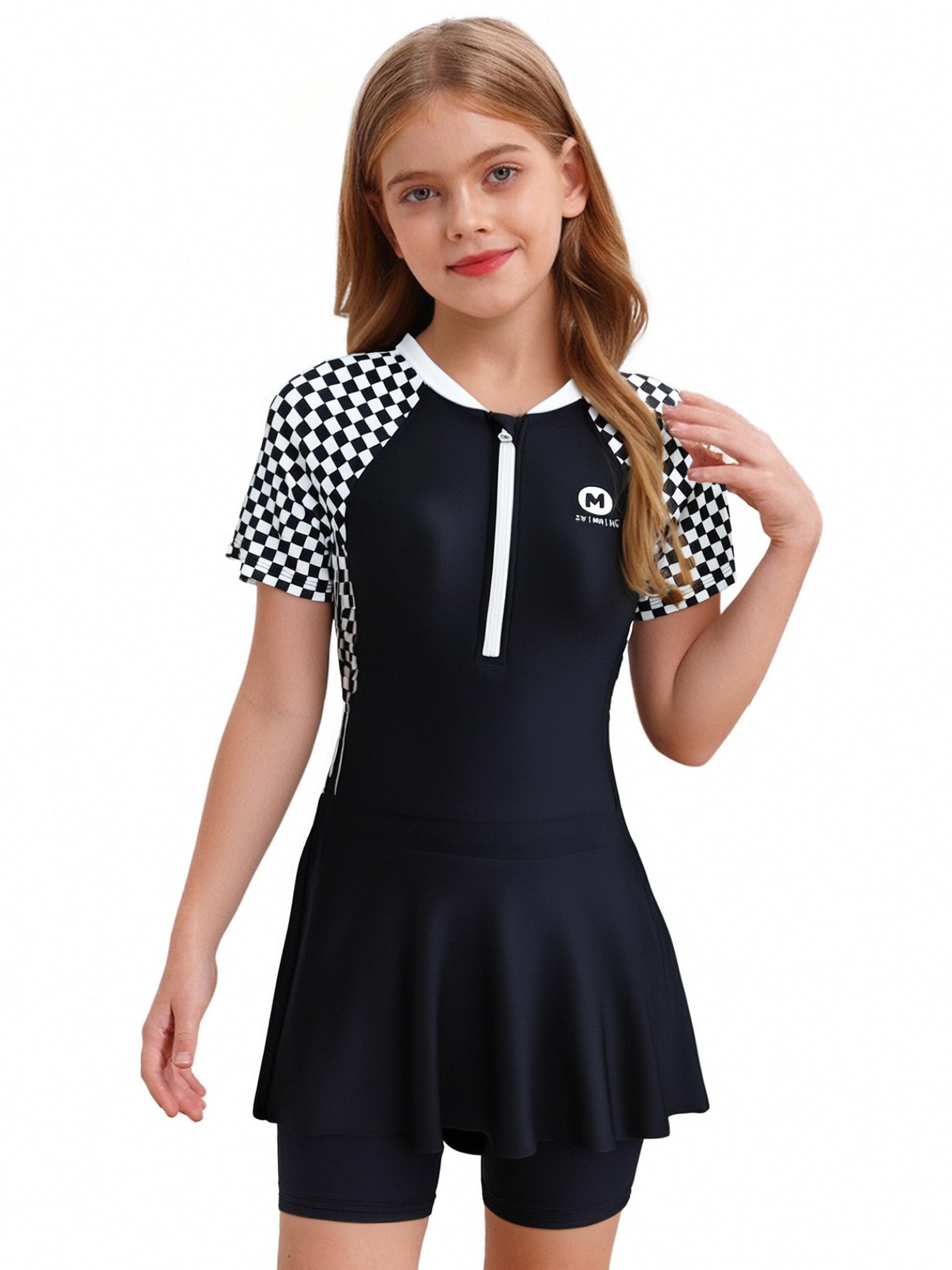 Linjinx Enfant Fille Maillot de Bain Jupette 2 Pieces Robe de Bain Plage Anti UV UPF 50+ Manches Courtes Combinaison de Natation Zippée Combi-Short de Piscine 8-15 Ans