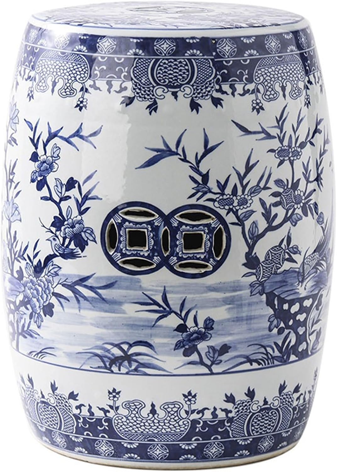 Drum Stool,Garden Stool, Decorative Ceramic Garden Stool, Glazed Hollow Floral Celadon Shoe-Changing Stool Drum Stool, Suitable for Outdoor Garden, Living Room, Terrace, Etc.
