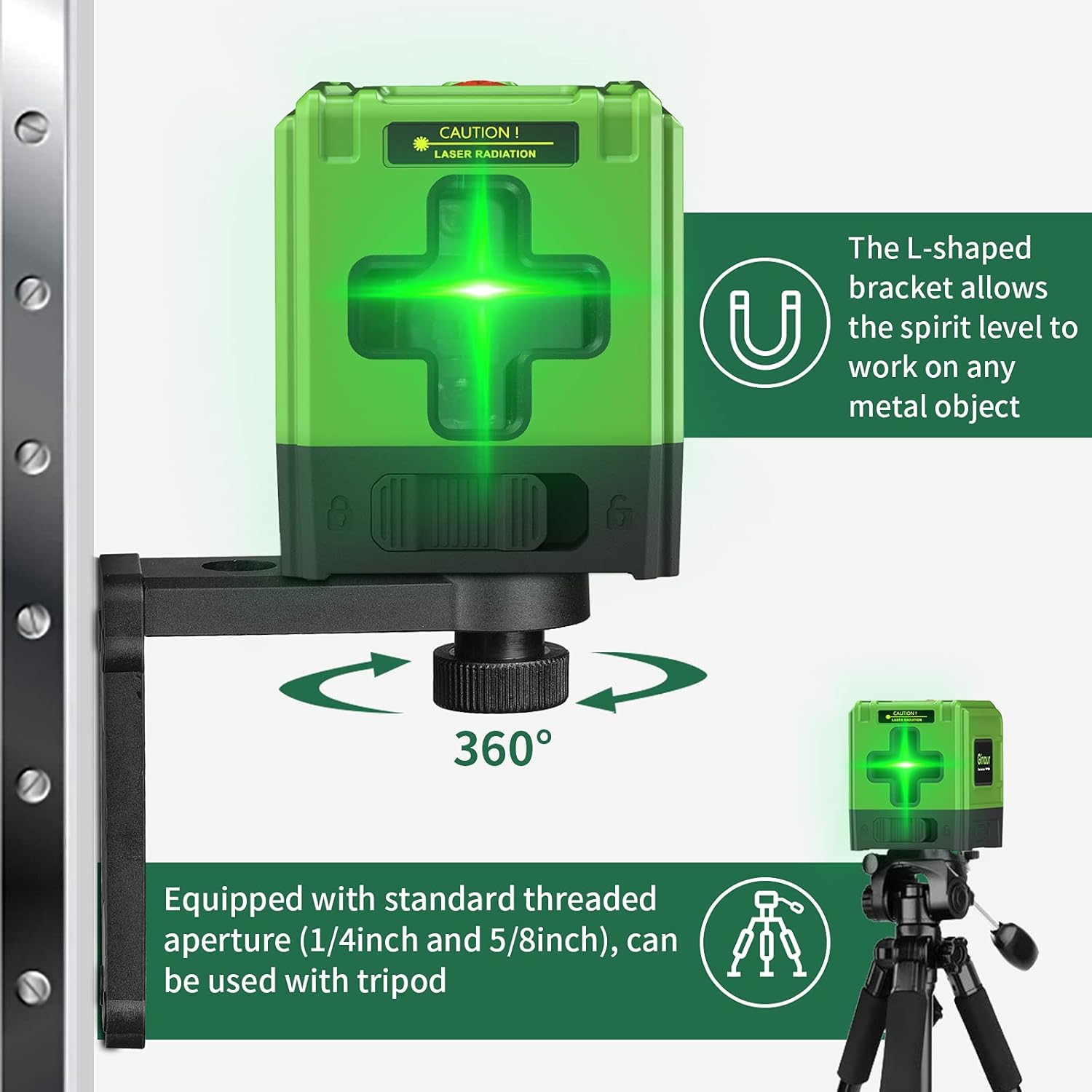 Ginour Line Laser Level mounted on magnetic bracket and tripod