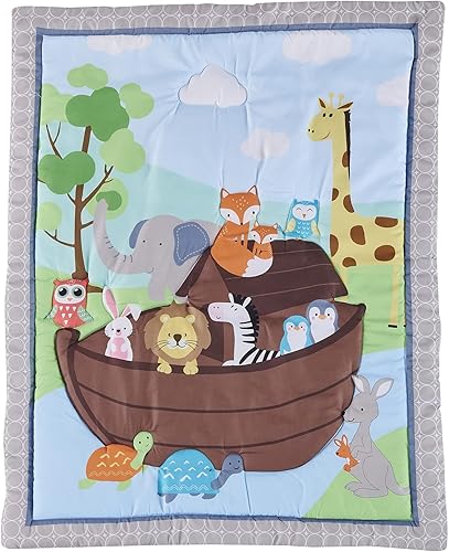 Miniatura 2 de Juego de ropa de cama para cuna de bebé, 4 piezas, diseño de Arca de Noé, color azul y gris, juego de ropa de cama para cuna de bebé, colcha, falda,