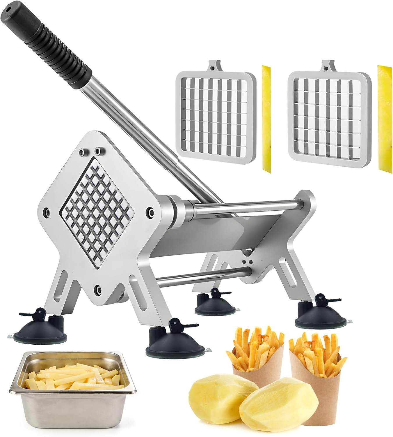 Professional French Fry Cutter, Heavy Duty Stainless Steel Potato Slicer with 1/2" & 3/8" Square Blades, Manual Veggie Cutter for Carrot/Cucumber/Onion, Commercial & Home Use, Silver JXR02
