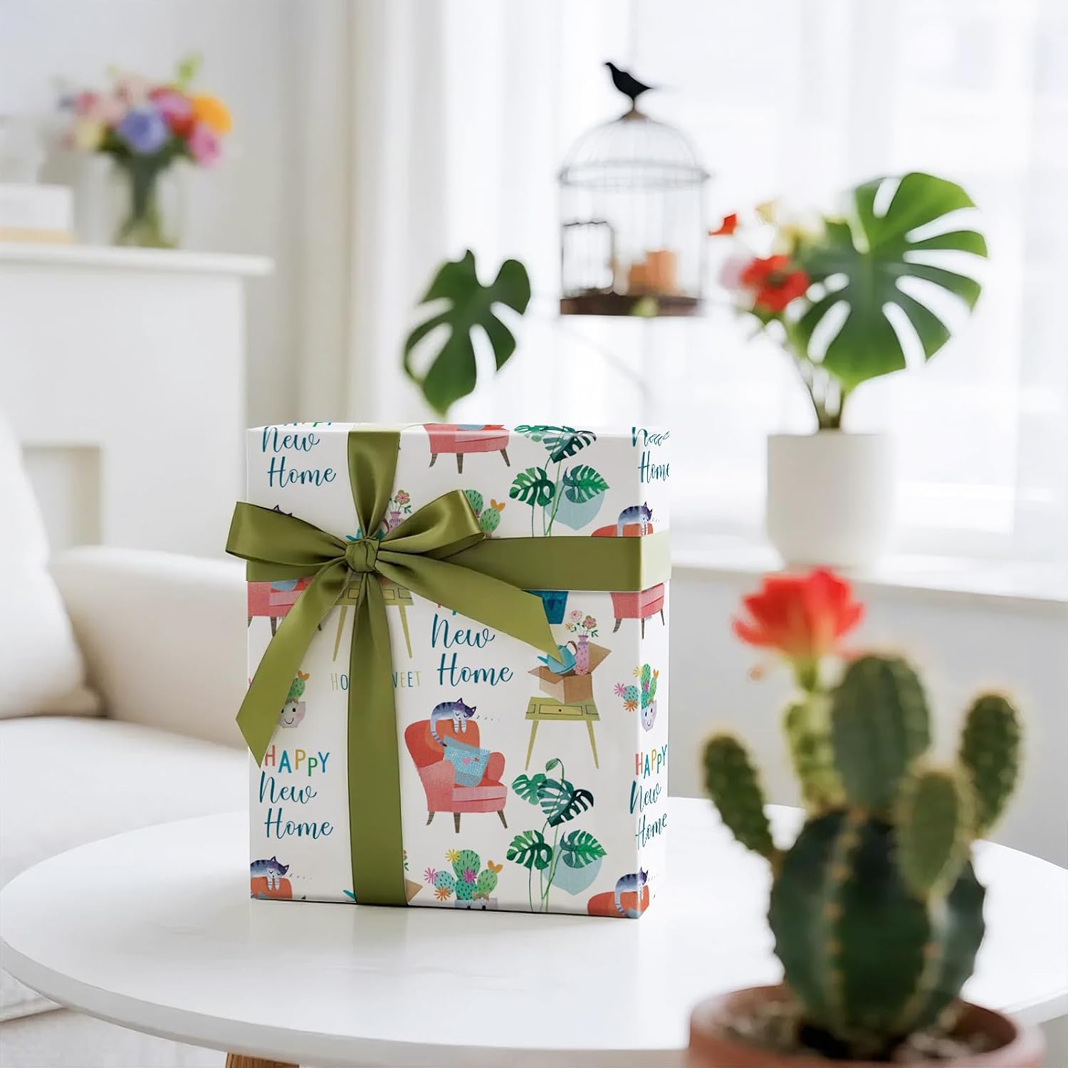 RUSPEPA Housewarming Wrapping Paper Roll, Mini Roll, Watercolor Happy New Home Gift Wrap with Cozy Cat and Plants Design for Friends, Family, Housewarming, Moving, 17 Inches x 16.4 Feet image 4