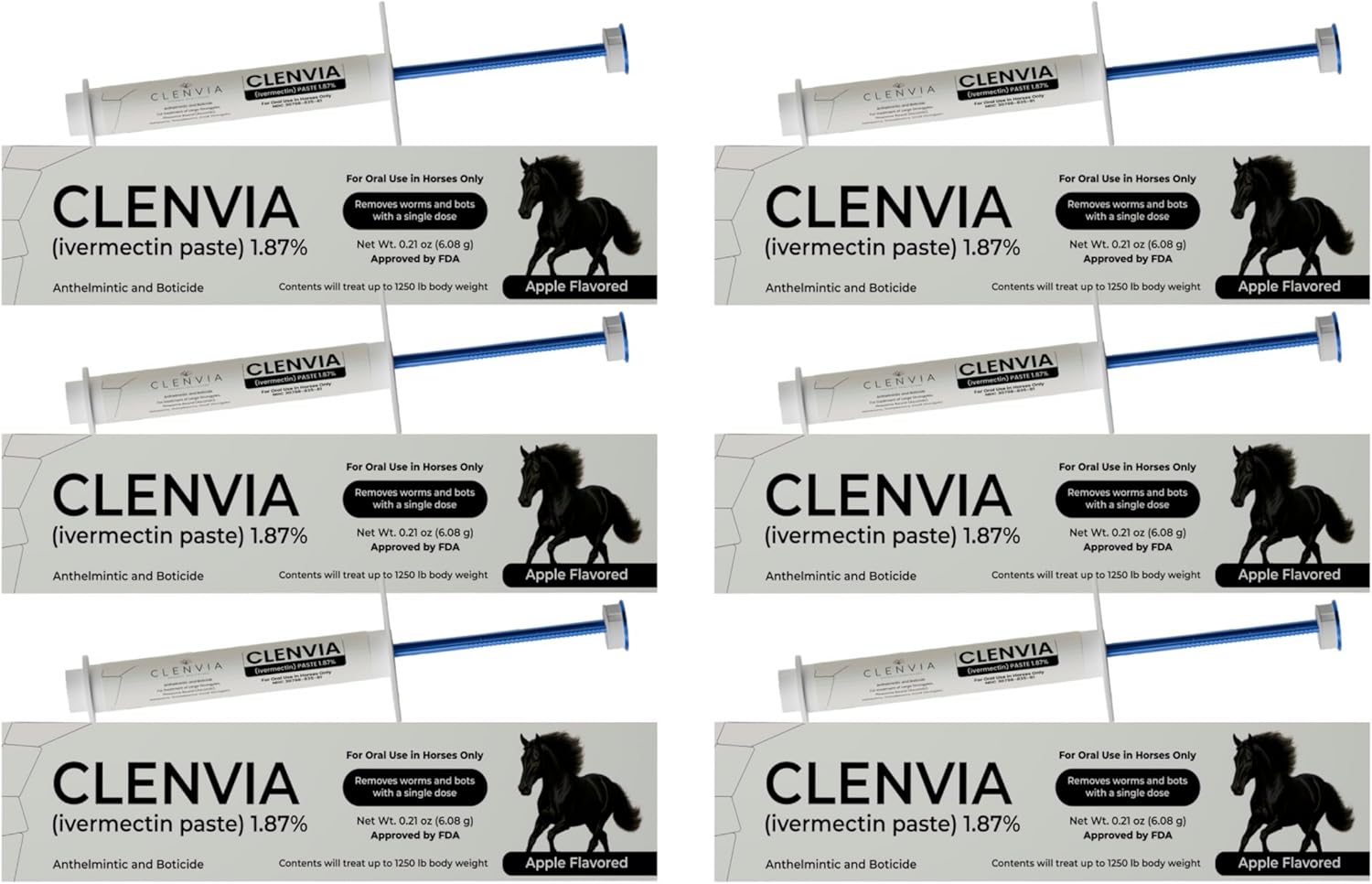 Ivermectin Horse Wormer Paste 1.87% – Apple Flavored 6.08g (0.21 oz) Oral Syringe – Treats Horses Up to 1,250 lbs – Adjustable 250 lb Weight Markings – Removes Worms & Bot Control – 6 Pack