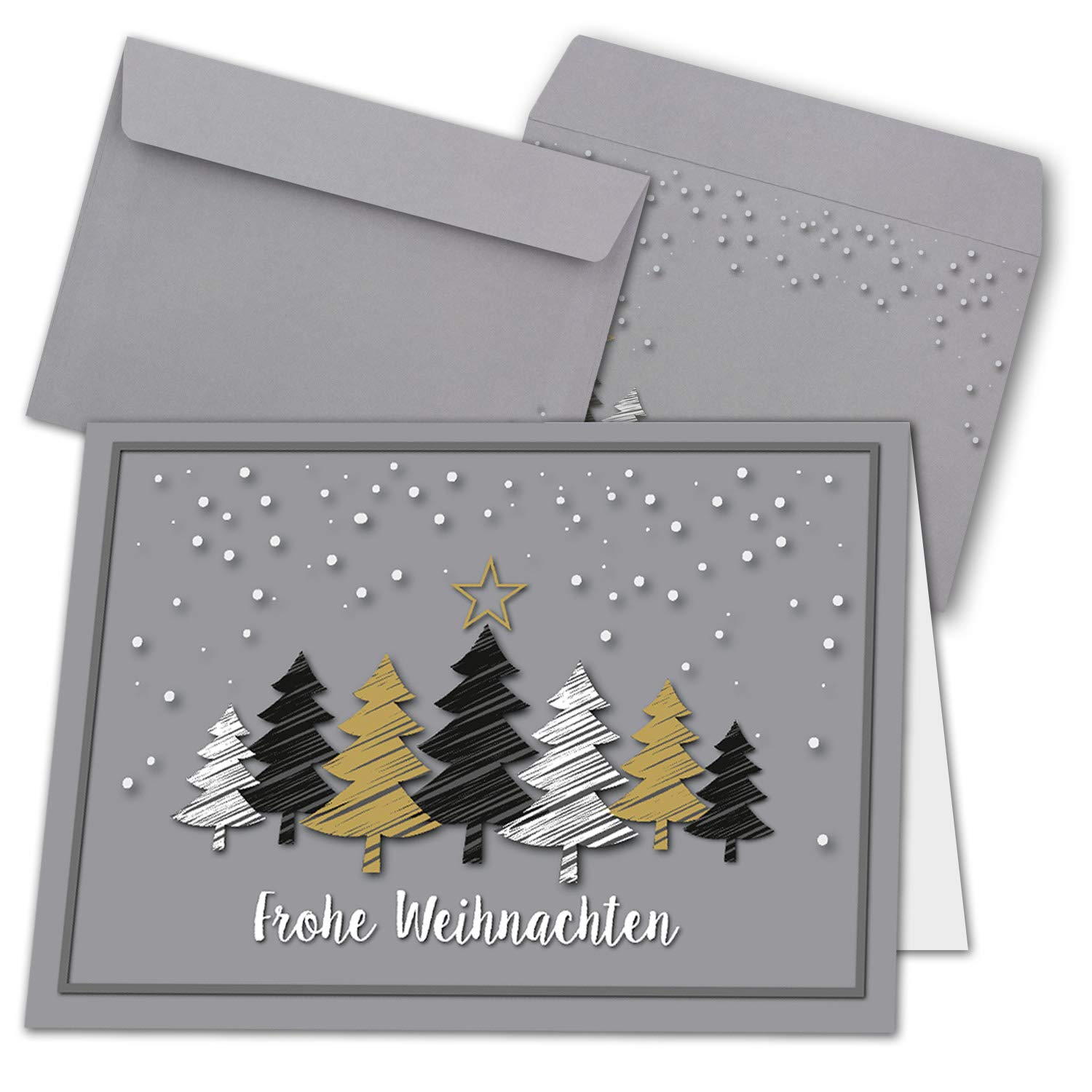 Juego de 75 tarjetas de Navidad DIN A6 en gris con árboles de Navidad en aspecto de arañazos, tarjetas plegables con sobres a juego, saludos navideños para empresas y privados