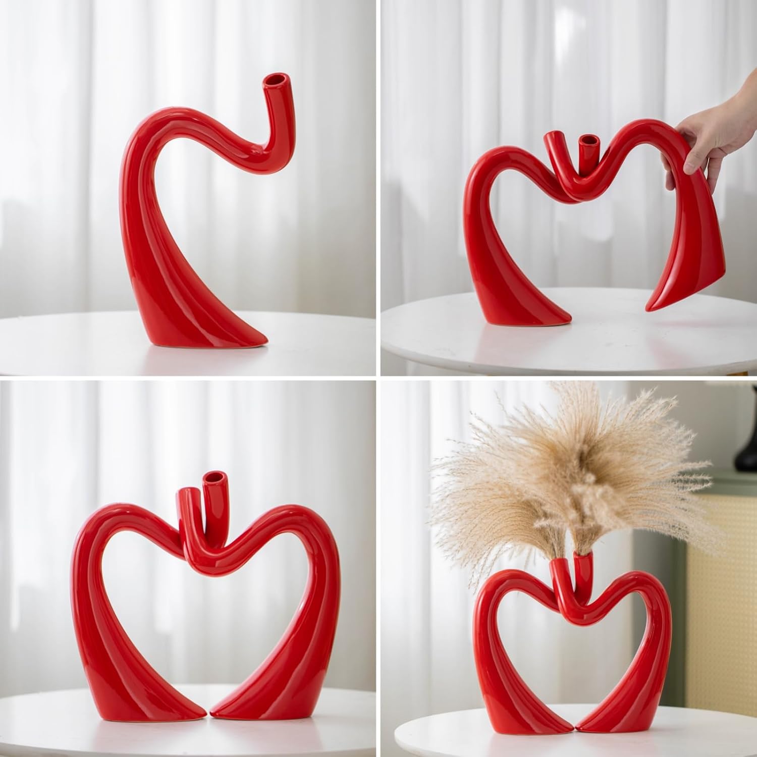 Red Hollow Ceramic Vases for Home Decor, Love Heart Snuggle Vase Set of 2, Modern Nordic Aesthetic Decorative Vase for Table Centerpiece Wedding Decoration (W 11.8" X H 9.8") - Image 4