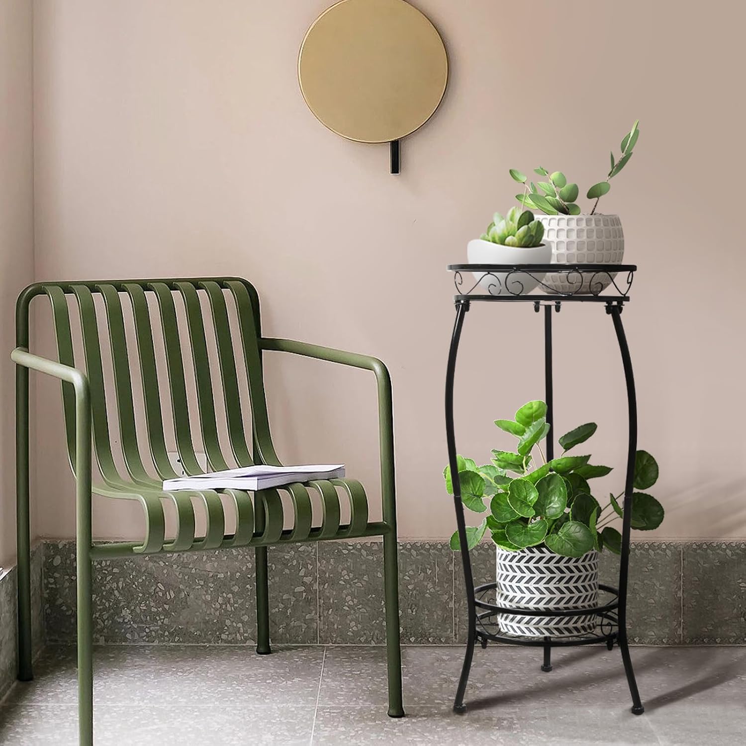 2 Pack Plant Stand Indoor Outdoor 2 Tier 27" Tall Metal Potted Holder Rack Flower Pot Stand Heavy Duty Plant Shelf Rustproof Iron Multiple Plant Round Supports Rack for Planter Corner Garden
