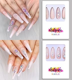 Artquee 2 Sets of Z04 Z67 48pcs French Tip Press on Nails Long Glossy Coffin Fake Nails Nude White Ombre Art with Rhinestones Luxury design False nails Acrylic Stick on False Nails Tips for Women