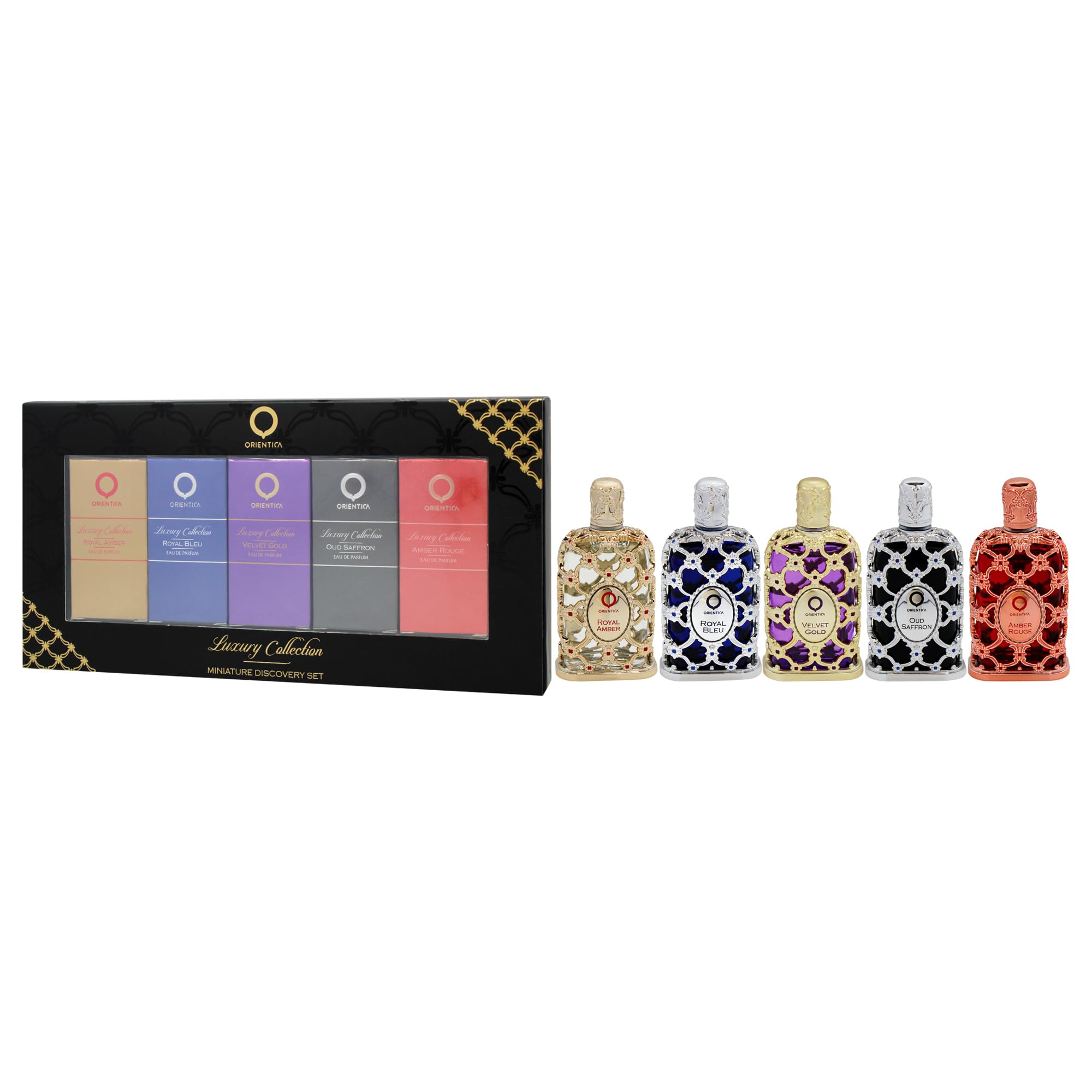 Orientica Luxury Collection Set Discovery Miniature Eau de Parfum 5 Pezzi (5 x 7.5 ml) – Amber Rouge, Royal Amber, Oud Saffron, Velvet Gold e Royal Bleu – Profumo Arabo Unisex per Donna e Uomo