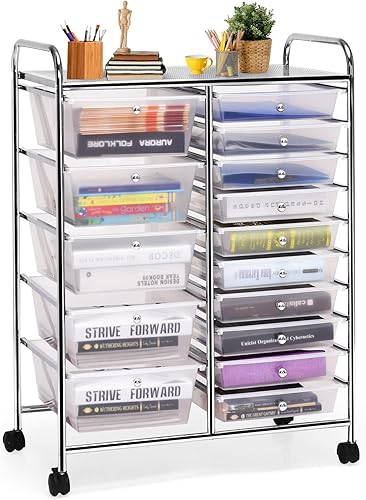 Carrito de almacenamiento con ruedas de 15 cajones, carrito de almacenamiento móvil con ruedas bloqueables para manualidades, herramientas,