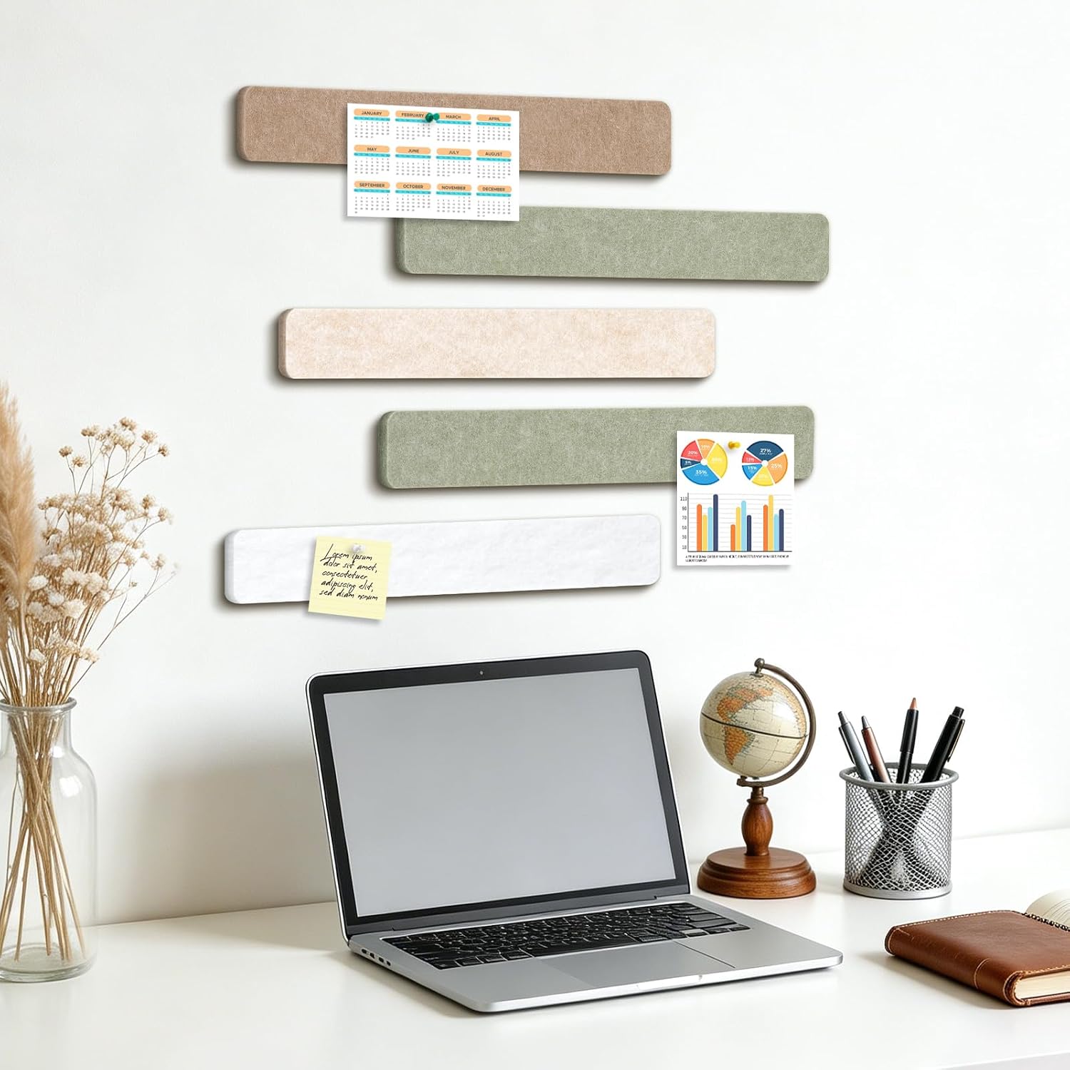 DOLLAR BOSS 10-Pack 13"x2" Felt Board Strips, Natural Earth Tones | Small Cork Board for Walls, Alternative Bulletin Pin Board, Bar Strip, For Office Home Door Fridge, Includes 40 Pins