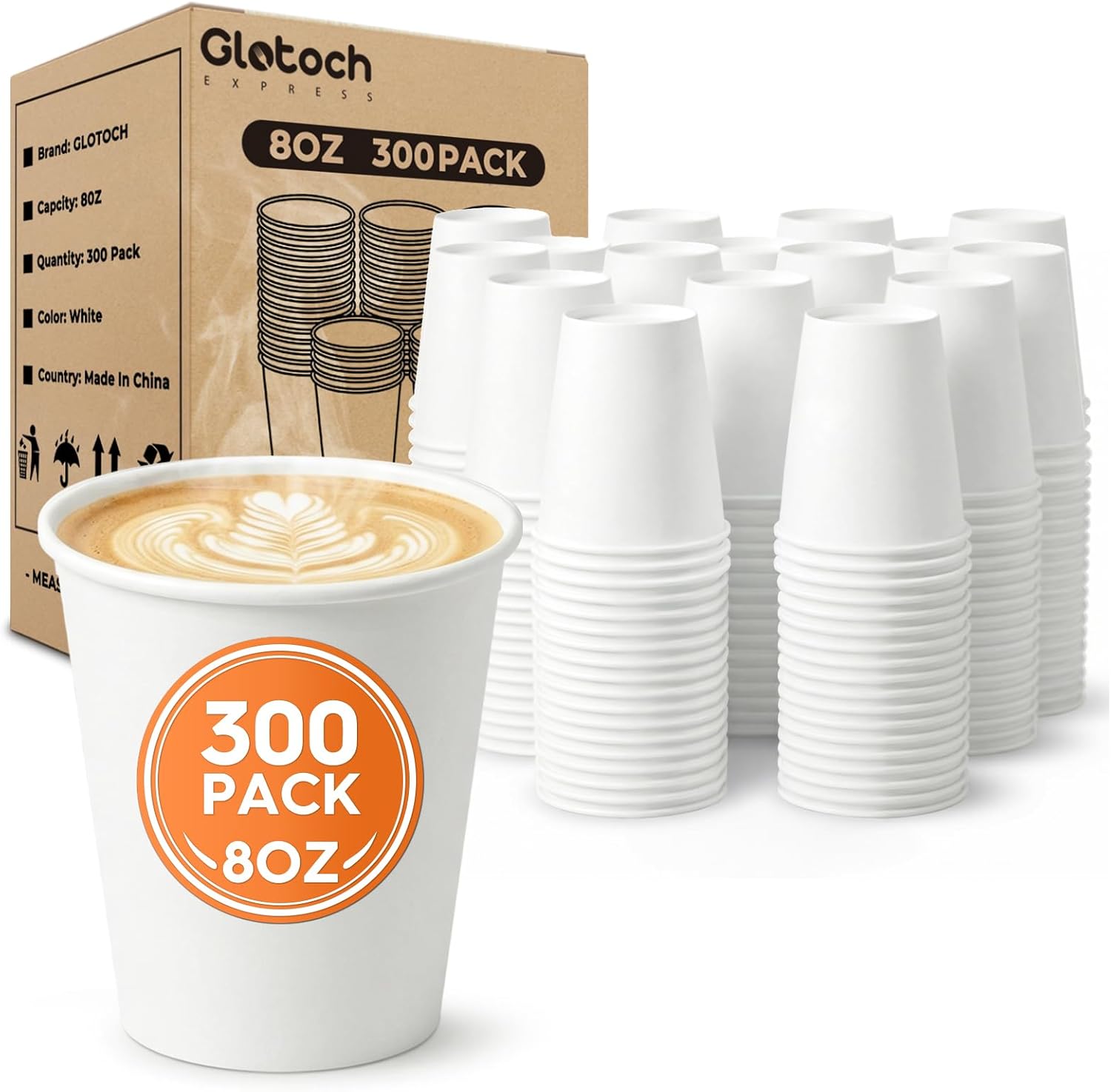 Glotoch 8oz Paper Cups 300 Pack, Disposable White Coffee Cups, Leak-Proof Bpa-Free Cups For Coffee, Tea Or Juice, Perfect For Home, Office, Parties Or Events