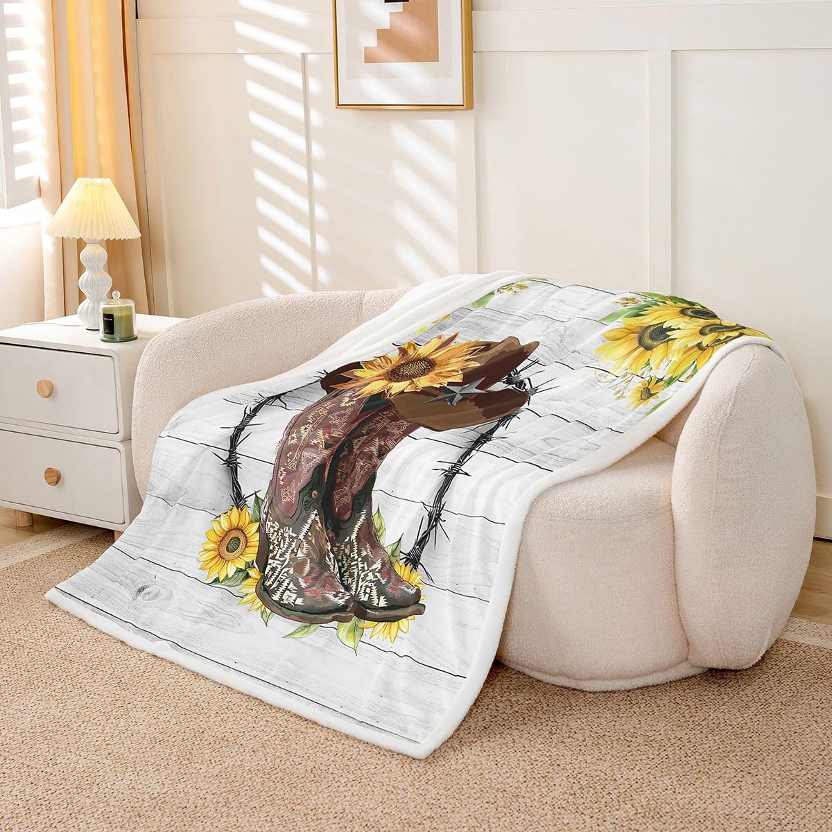 Erosebridal Western Blanket Sunflower Throw Blanket Cowboy Boots for Women,Bohemian Flowers Fleece Blanket 90"x90" Cowboys Gifts for Men,Cowboy Hat Boho Floral Rustic Farmhouse Decor