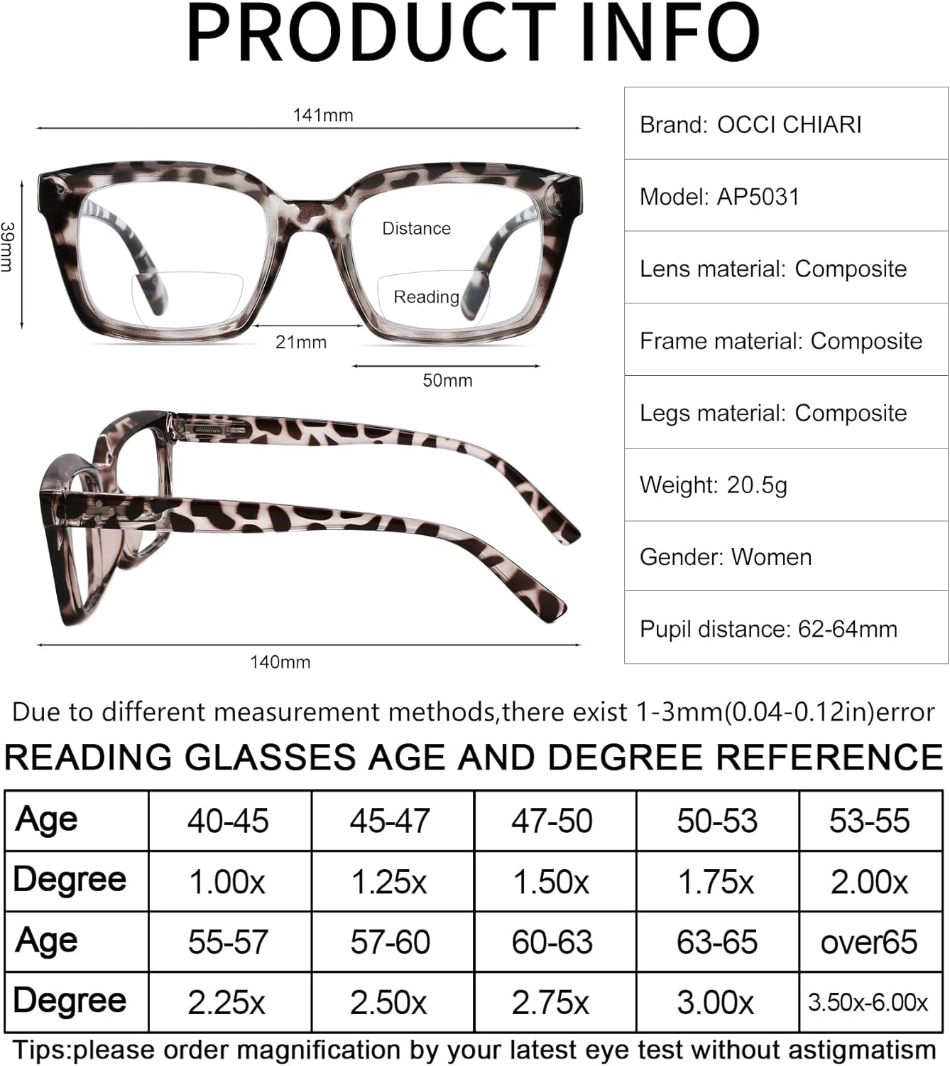 OCCI CHIARI Trendy Bifocal Reading Glasses Women 2.75 Blue Light Blocking Oversized Readers 1.0 1.25 1.5 1.75 2.0 2.25 2.5 2.75 3.0 3.5(Grey,2.75)