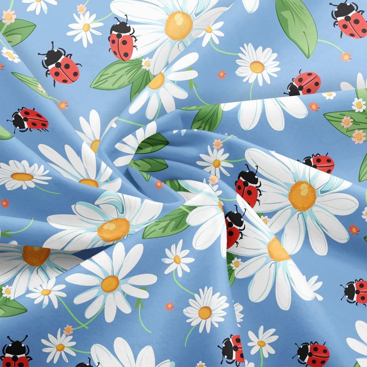 White Daisy Fabric by The Yard,Cartoon Ladybug Cute Soft Polyester No Stretch Fabric,Rustic Flowers Decor,Blue White Red Crafts & Sewing Supplies DIY Fabric,1 Yard,36" L x 59" W image 5