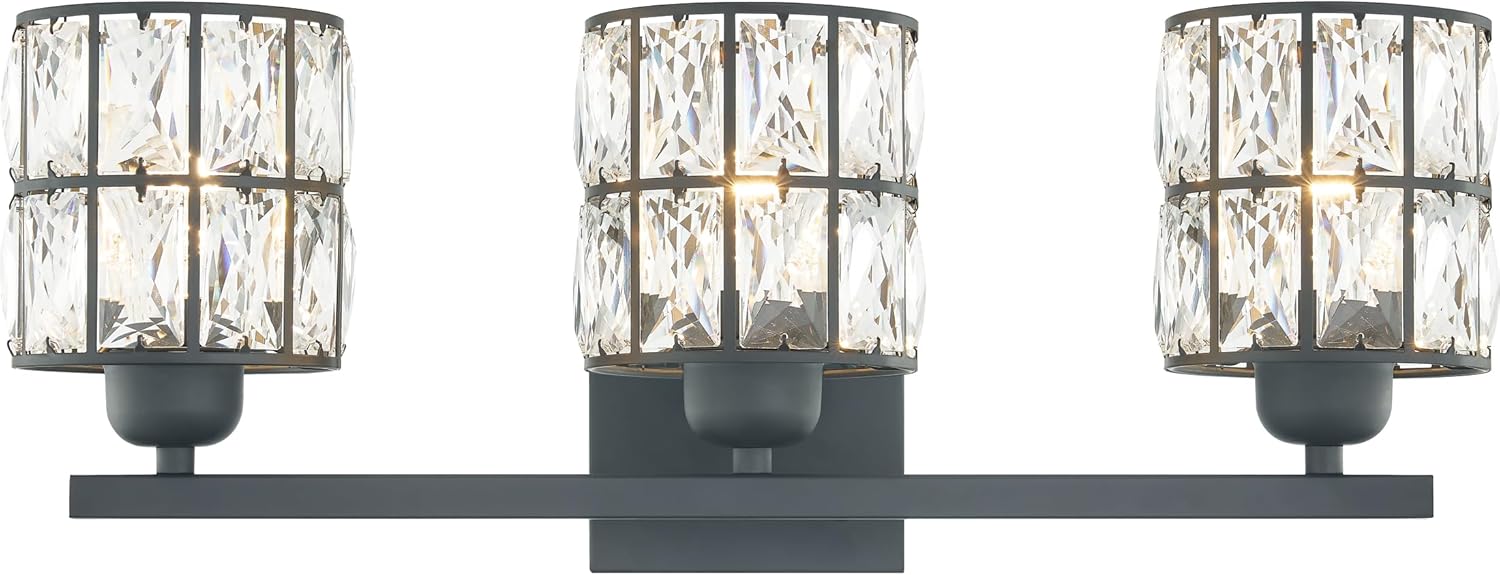 Quoizel Gibson 21" Glam Vanity Light, 3-Light, Matte Black Clear Crystal Glass, Dimmable, Up/Down Mount, ETL Damp-Rated