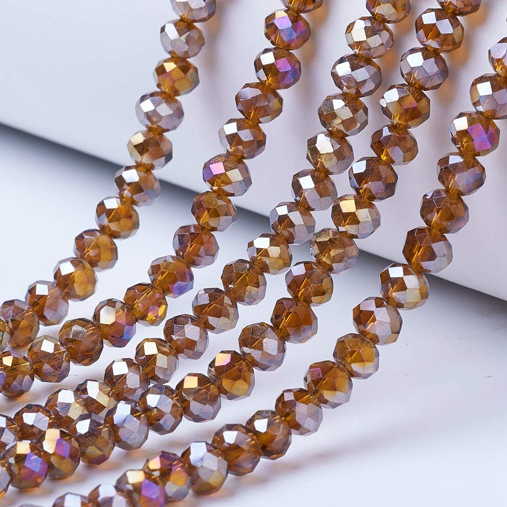 Cheriswelry 10 Strands Faceted Rondelle Glass Beads 8mm Transparent AB Color Plated Abacus Spacers Beads for Jewellery Bracelet Necklace Making Saddle Brown