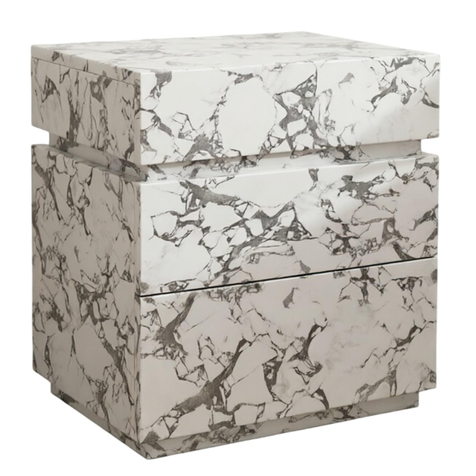 guiling-1986 Bedside Table Nightstand with Marble Pattern and Three-Tier Drawer for Bedroom Storage Nightstand(White,Small)