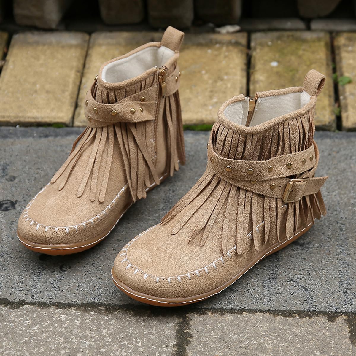 Ulalaza Women's Fringe Cowboy Boots Hidden Wedge Heel Ankle Layer Tassel BOOTS Rhinestones Sparkle Shining Fabric Nubuck Leather Comfortable Pull-On for Street Wedding Party