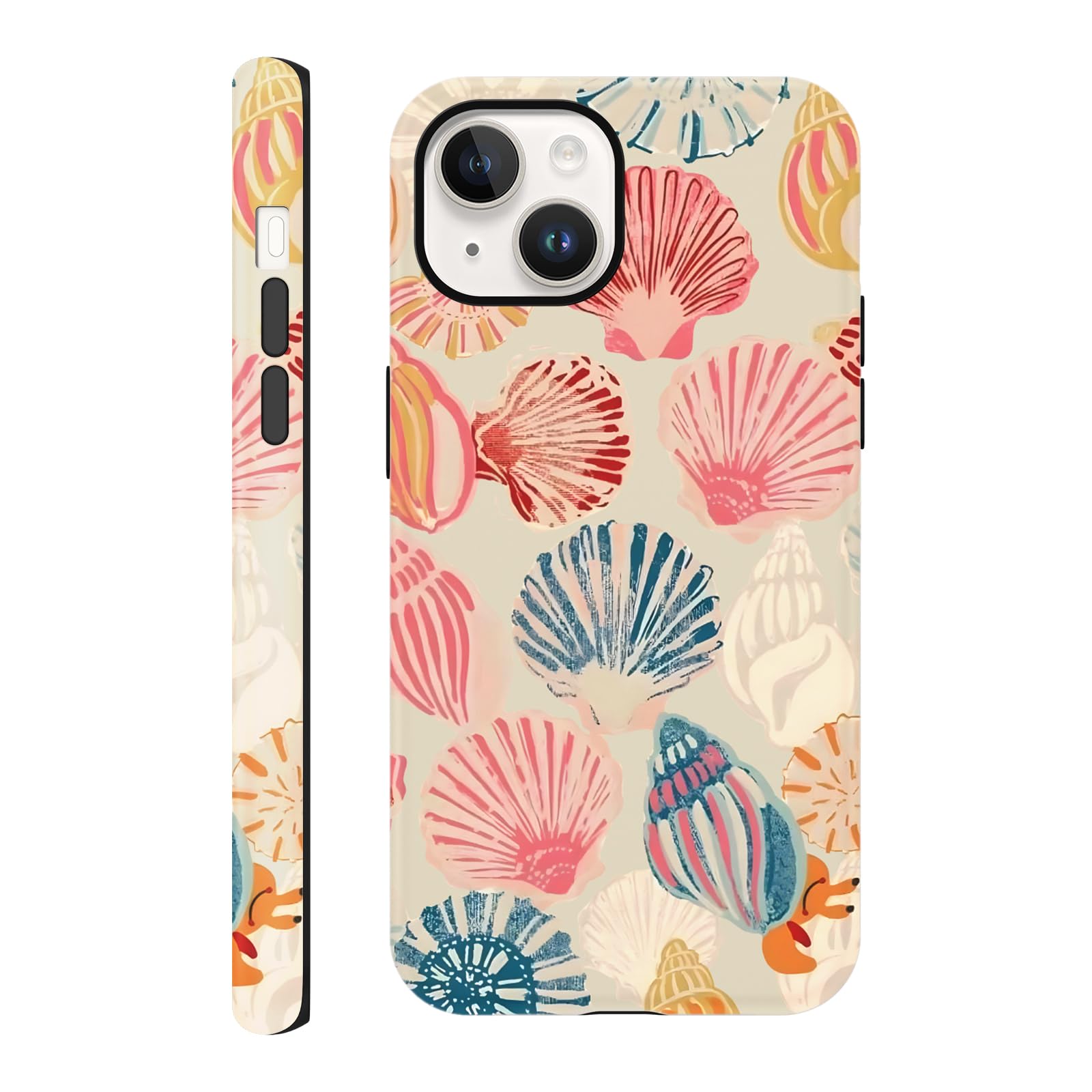 Case Compatible with iPhone 13 / iPhone 14 6.1", Pink Sea Shell Art Summer Phone Case, Protective Scratch Resistant Hybrid 2-Layer Hard Shell for Girl
