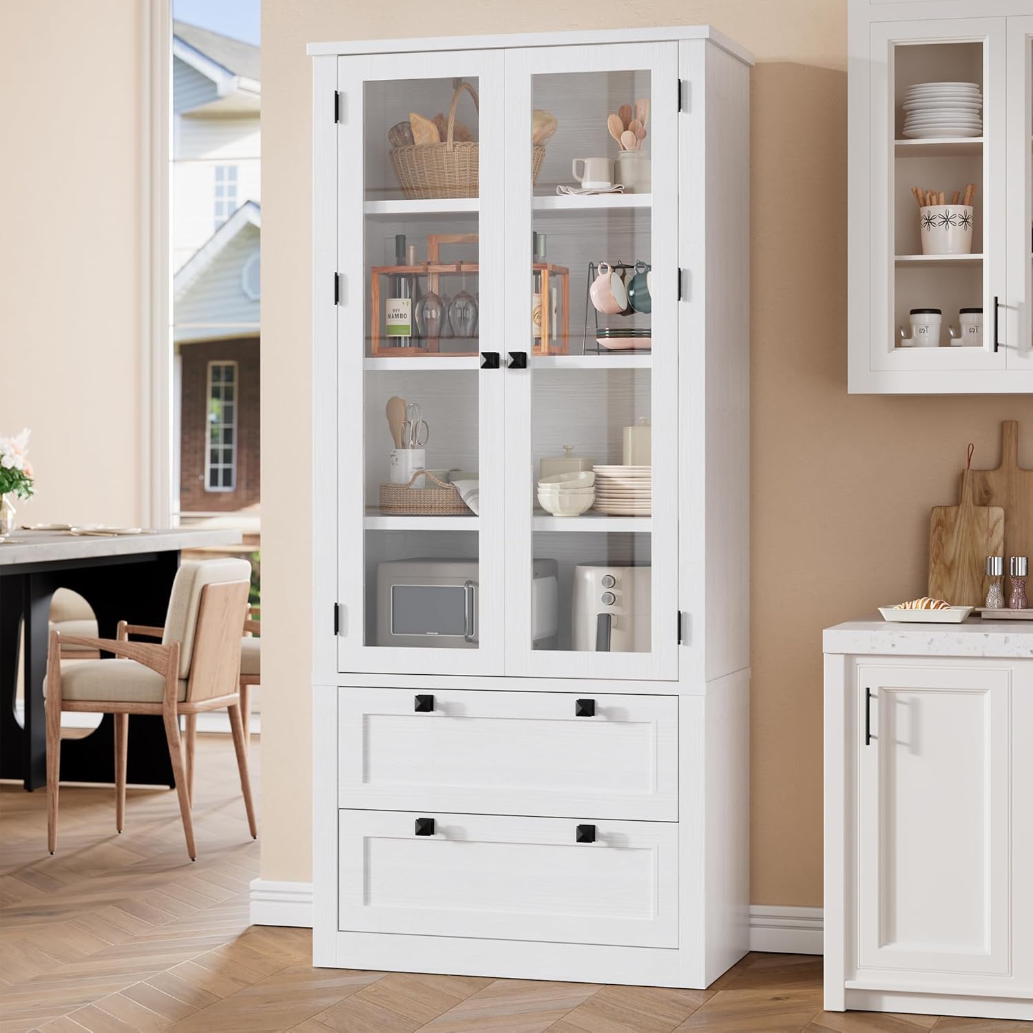 Garvee 71" Tall White Kitchen Pantry Cabinet with Glass Doors, 2 Large Drawers & Adjustable Shelves - Modern Storage