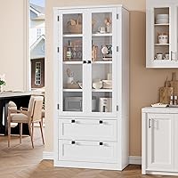 Garvee 71" Tall White Kitchen Pantry Cabinet with Glass Doors, 2 Large Drawers & Adjustable Shelves - Modern Storage