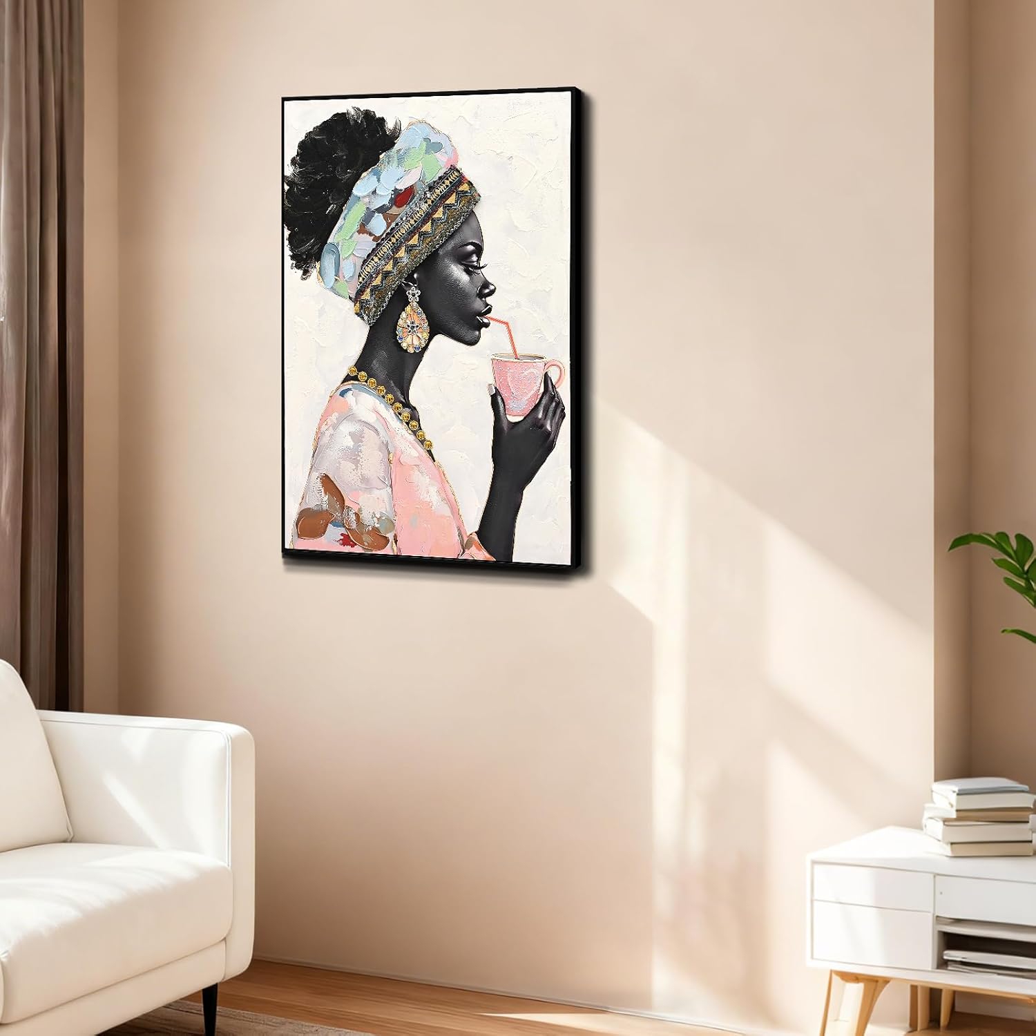 DRLWGTY Framed Elegant Black Woman Wall Art – Modern Portrait Painting with Hand-Applied Gemstone Details, Large Canvas Artwork for Bedroom Living Room,Ready to Hang