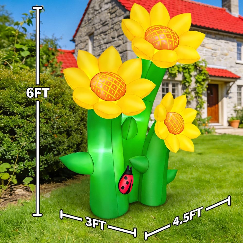 KOOY 6FT Spring Easter Inflatable Sunflowers Outdoor Decoration, Inflatable Sunflowers Blow Up Yard Decor Built-in LED Lights for Spring Summer Easter Yard Garden Lawn Party - Image 5