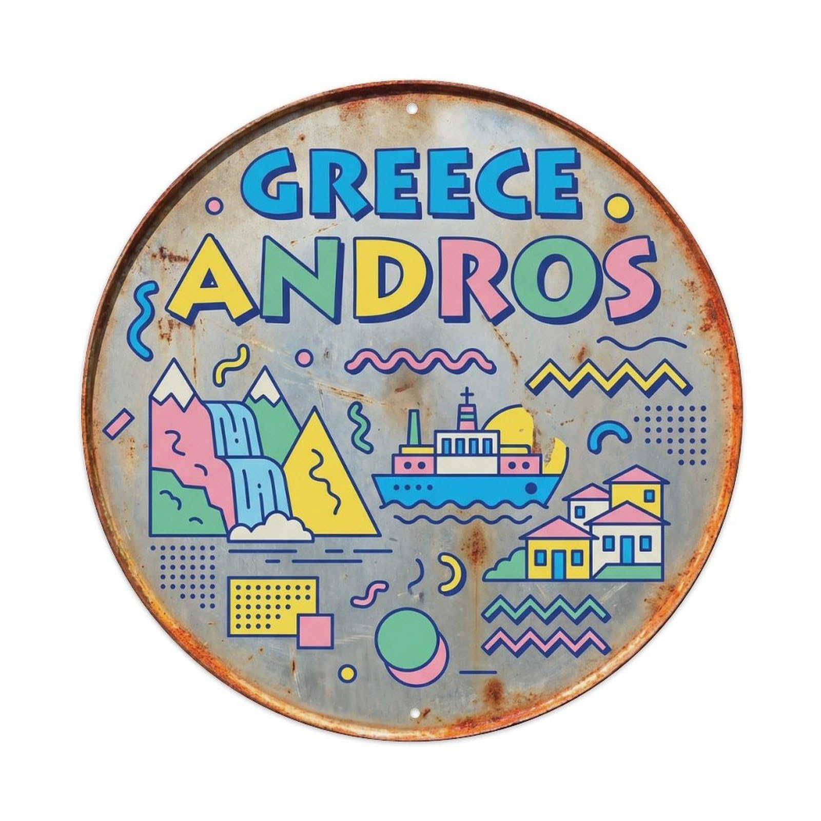 Andros Waterfalls Greek Retro Graphic Island Scenery Metal Tin Sign
