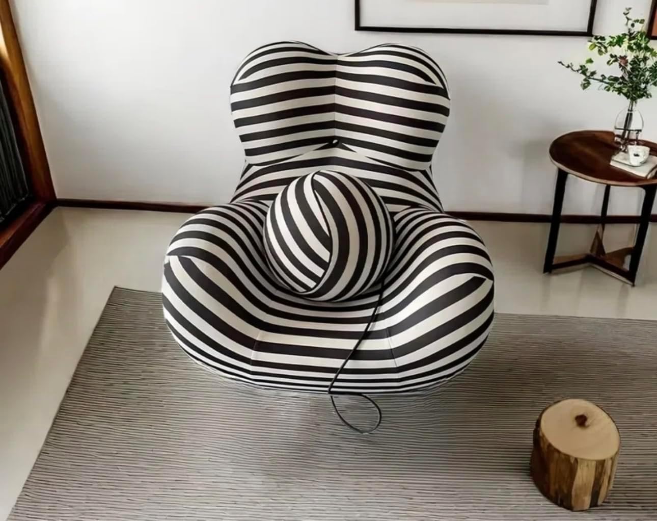Barrel Chair with Circle Ottoman, Modern Comfy (White/Black Stripes)